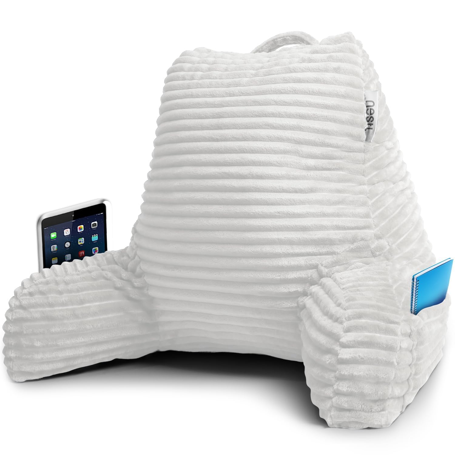 Nestl Reading Pillow for Adults - Plush Back Support Pillow with Shredded Memory Foam, Armrests & Storage Pockets - Perfect for Reading in Bed, Watching TV or Relaxing - White Bed Rest Pillow