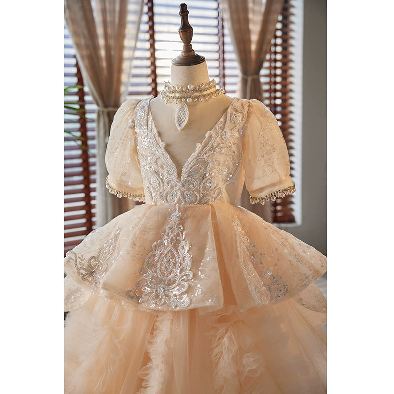 Champagne Organza Flower Girl Dress with Princess Design - Elegant Floor-Length Formal Gown for Weddings, Baptisms & Special Occasions