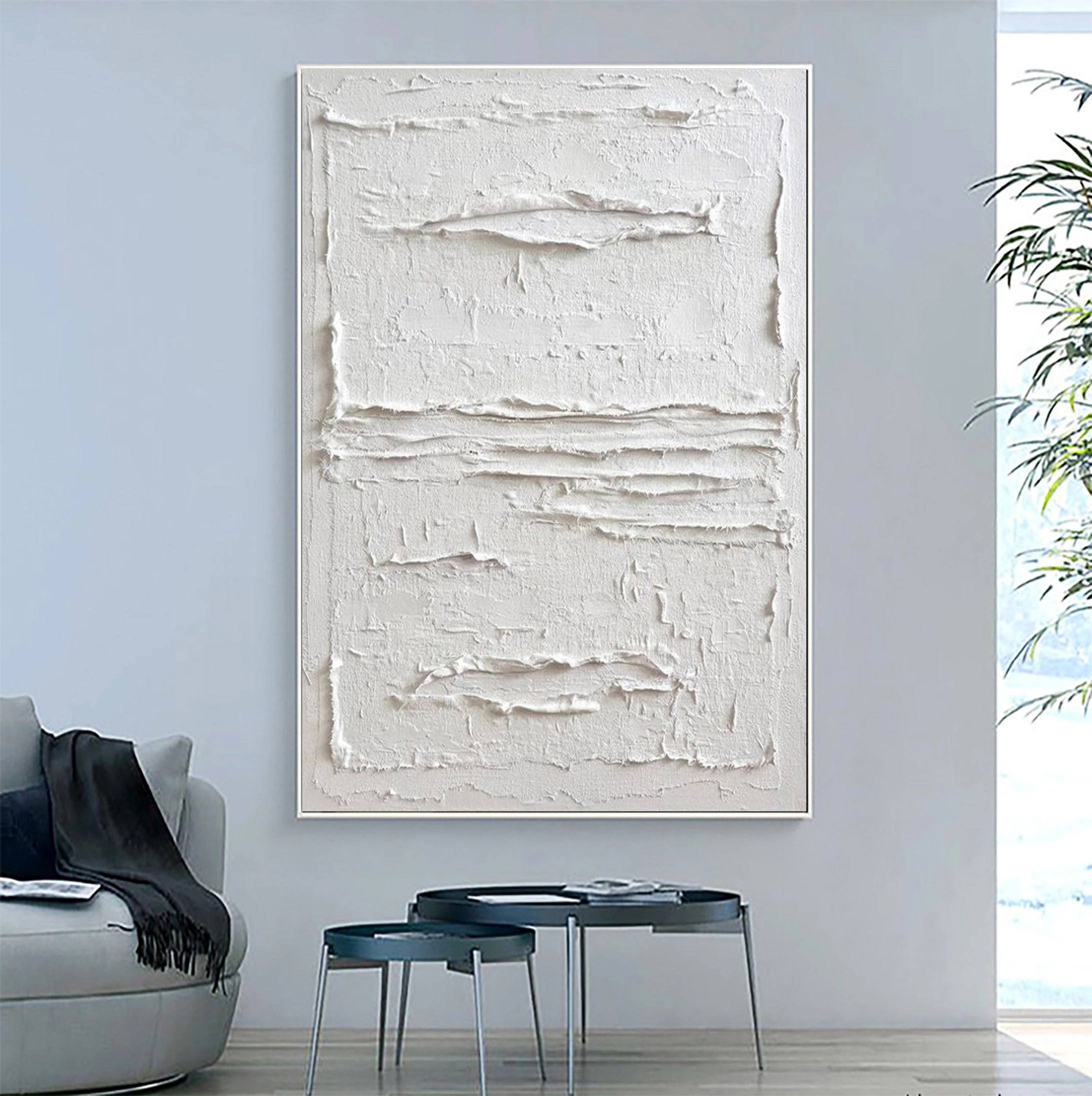 White Minimalist Textured Painting Canvas - Modern Abstract Wall Art for Living Room & Bedroom Decor | Premium Quality Artist Canvas #MM024