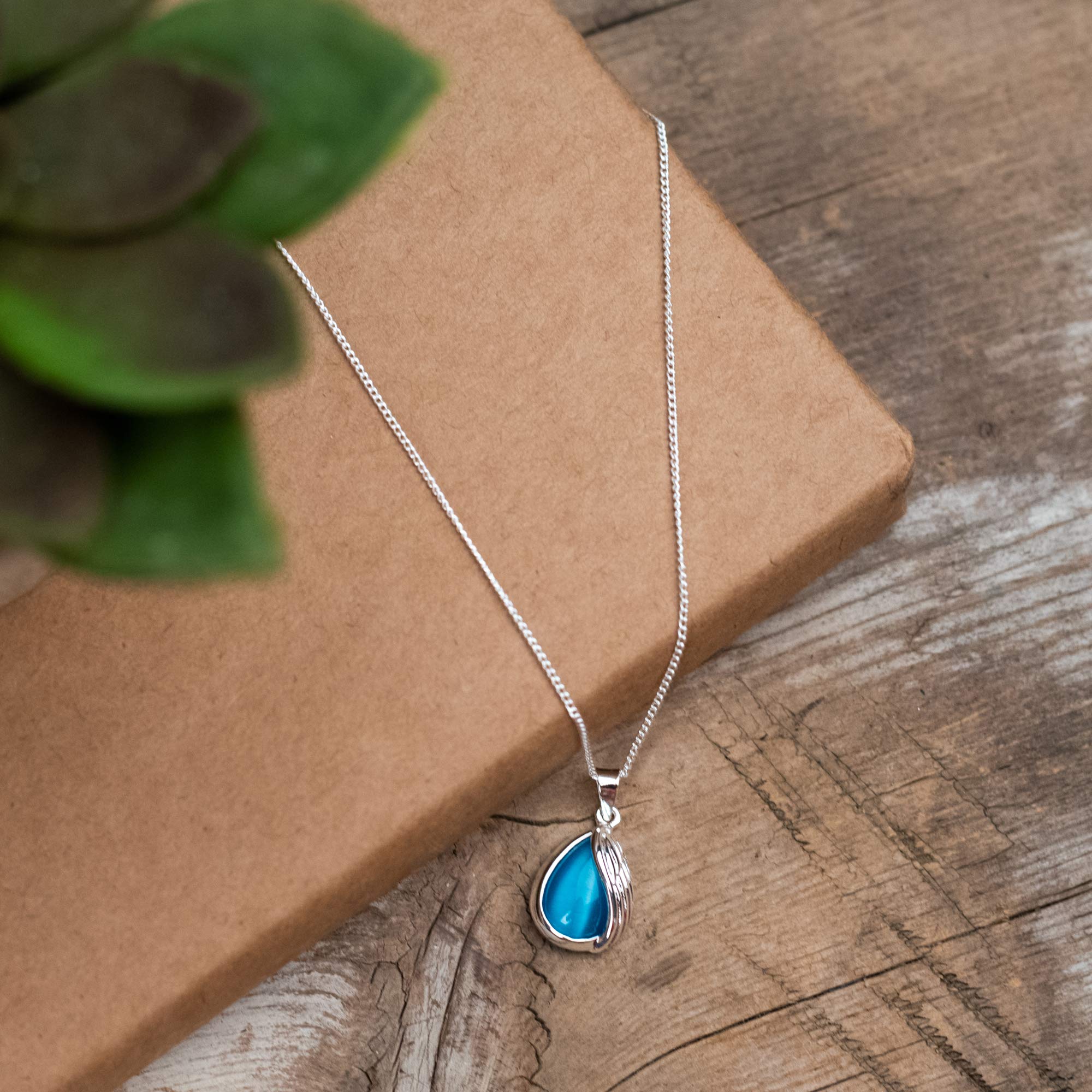 Angel Wing Teardrop Pendant Necklace for Women - 18 Inch Silver Plated Aqua Blue Memorial Jewelry with Gift Box & Sentiment Card | Sympathy Gift, Bereavement Keepsake, Everyday Wear