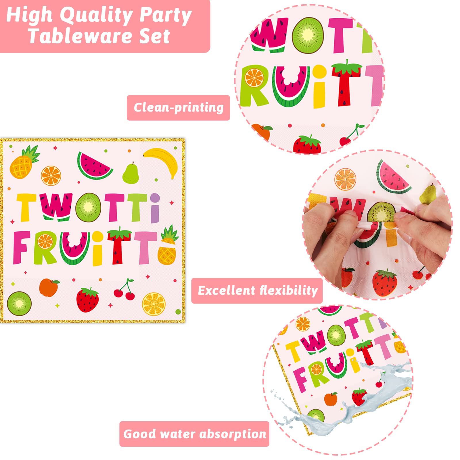 96Pcs Twotti Frutti Party Supplies - Summer Fruit Themed 2nd Birthday Paper Plates & Napkins Set - Watermelon, Lemon, Pineapple, Strawberry Decorations - Dinnerware for 24 Guests - Perfect for Kids Birthday Parties, Baby Showers & Summer Celebrations