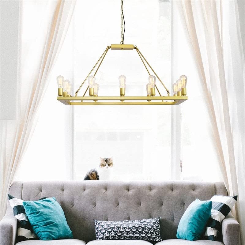 12-Light Candle Style Rectangle Chandelier in Gold - Modern Contemporary Metal Ceiling Light Fixture for Dining Room, Living Room & Bedroom