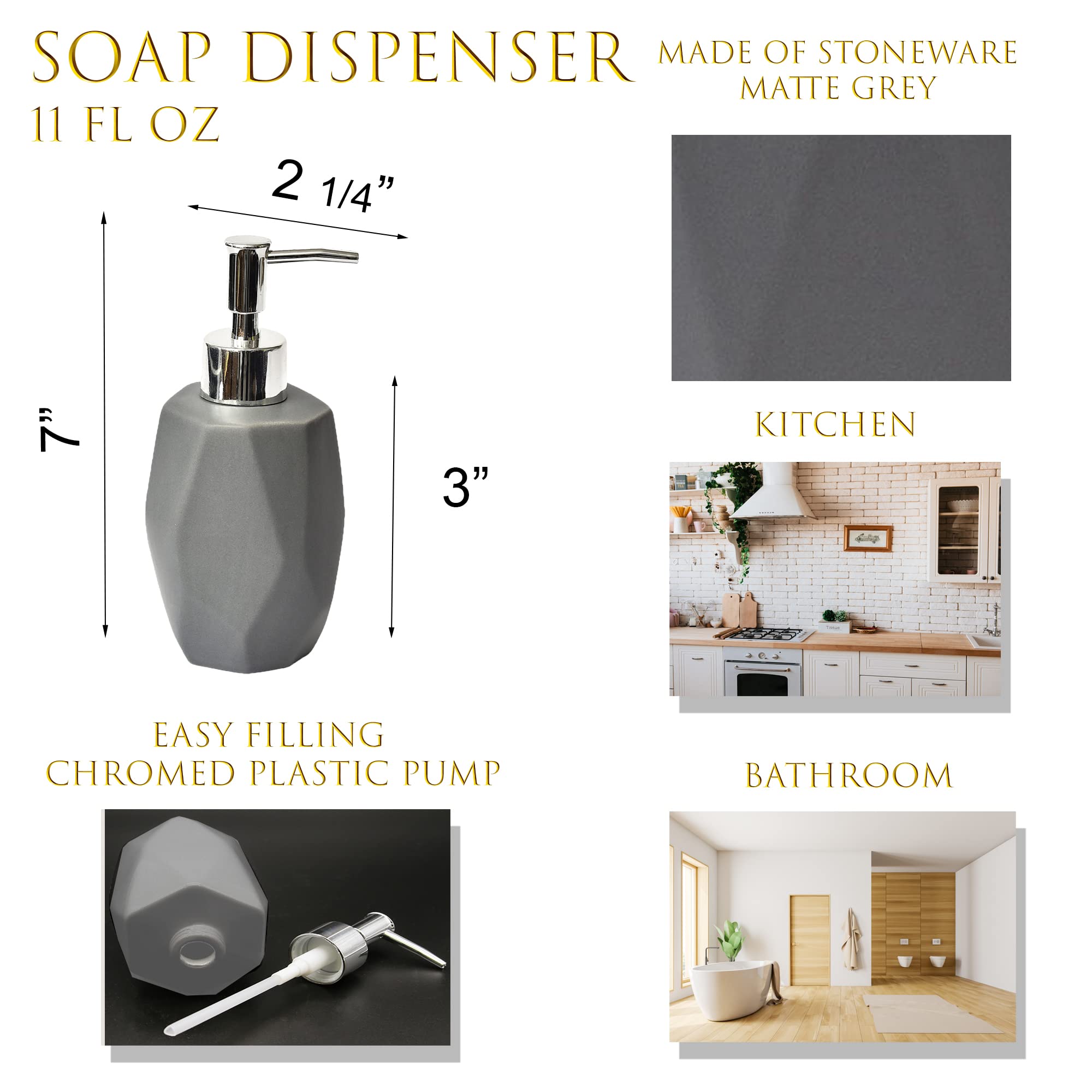 Premium Diamond Stoneware Grey Soap and Lotion Dispenser for Bathroom - Elegant Touch for Modern Vanities, Guest Bathrooms & Spa-Like Showers
