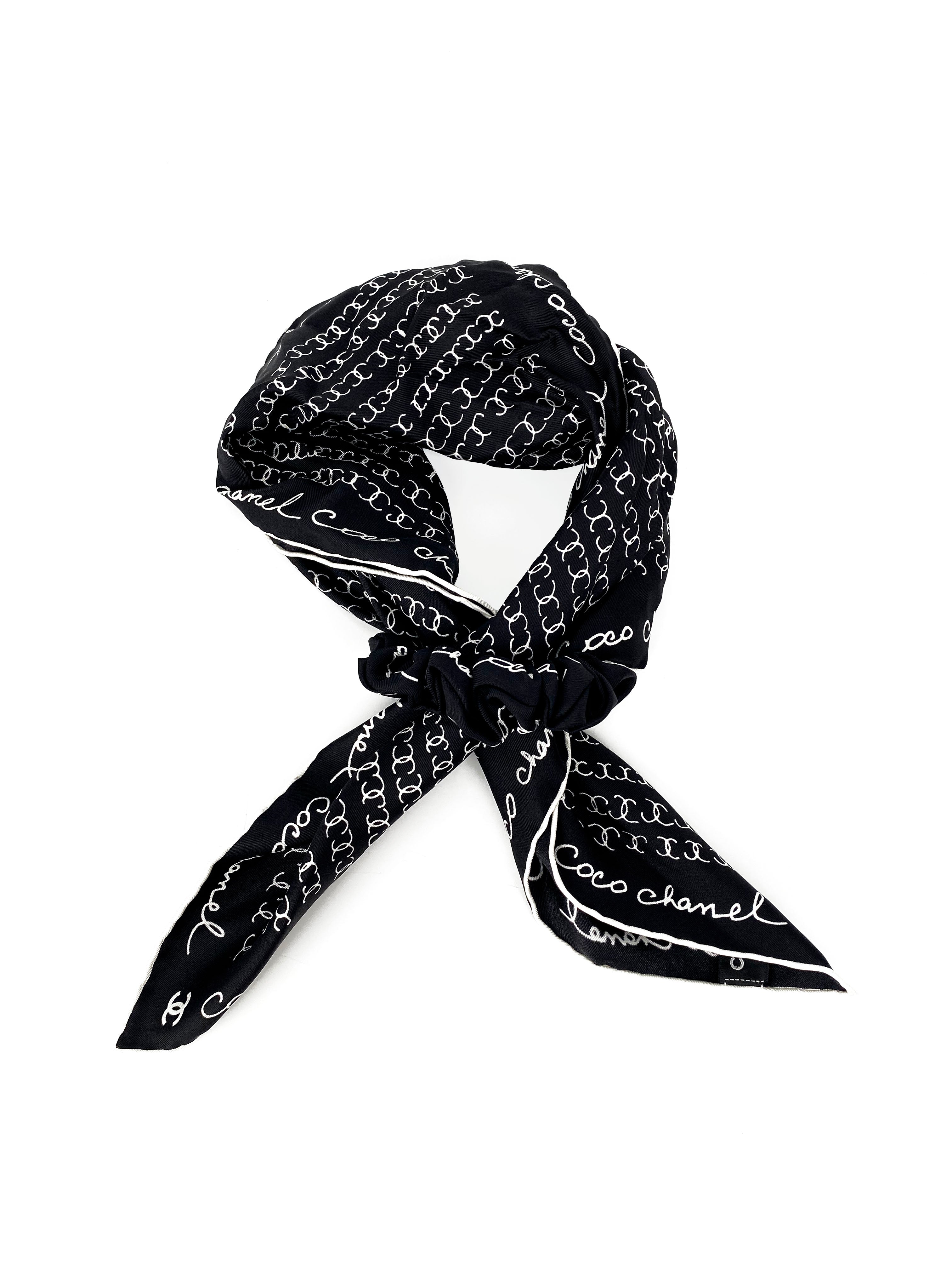 Chanel Black and White Silk Headscarf & Hair Scrunchie Set - Luxury Fashion Accessory for Women, Elegant Head Wrap and Ponytail Holder for Parties, Weddings, and Everyday Style