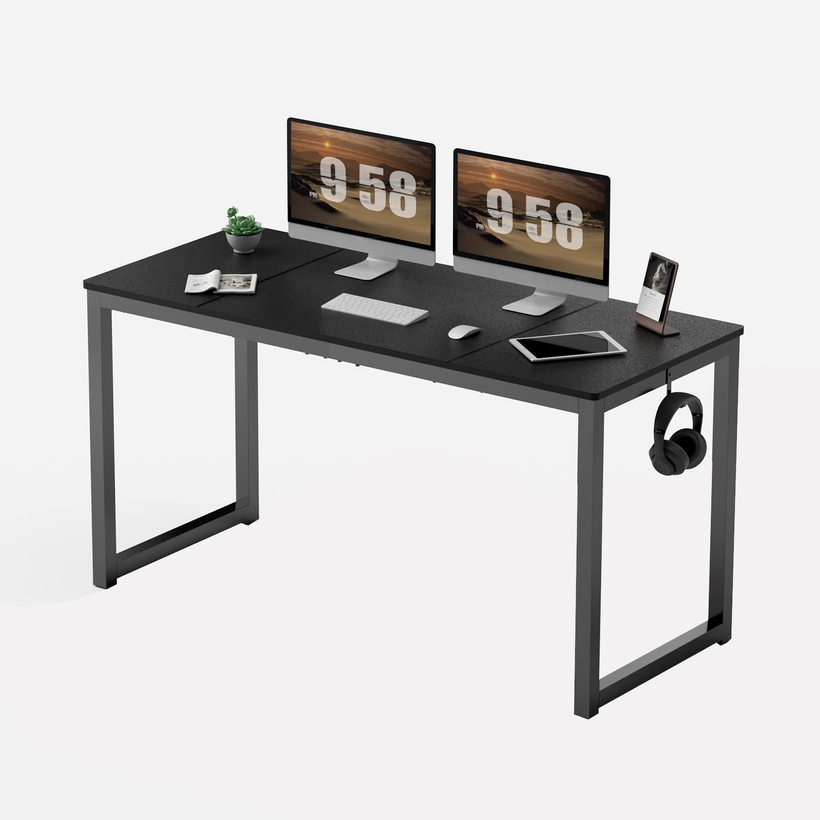 SANODESK 55 Inch Modern Office Computer Desk - Sturdy Writing Work Table with Iron Hook for Organization, Black - Perfect for Home Office, Study & Small Spaces
