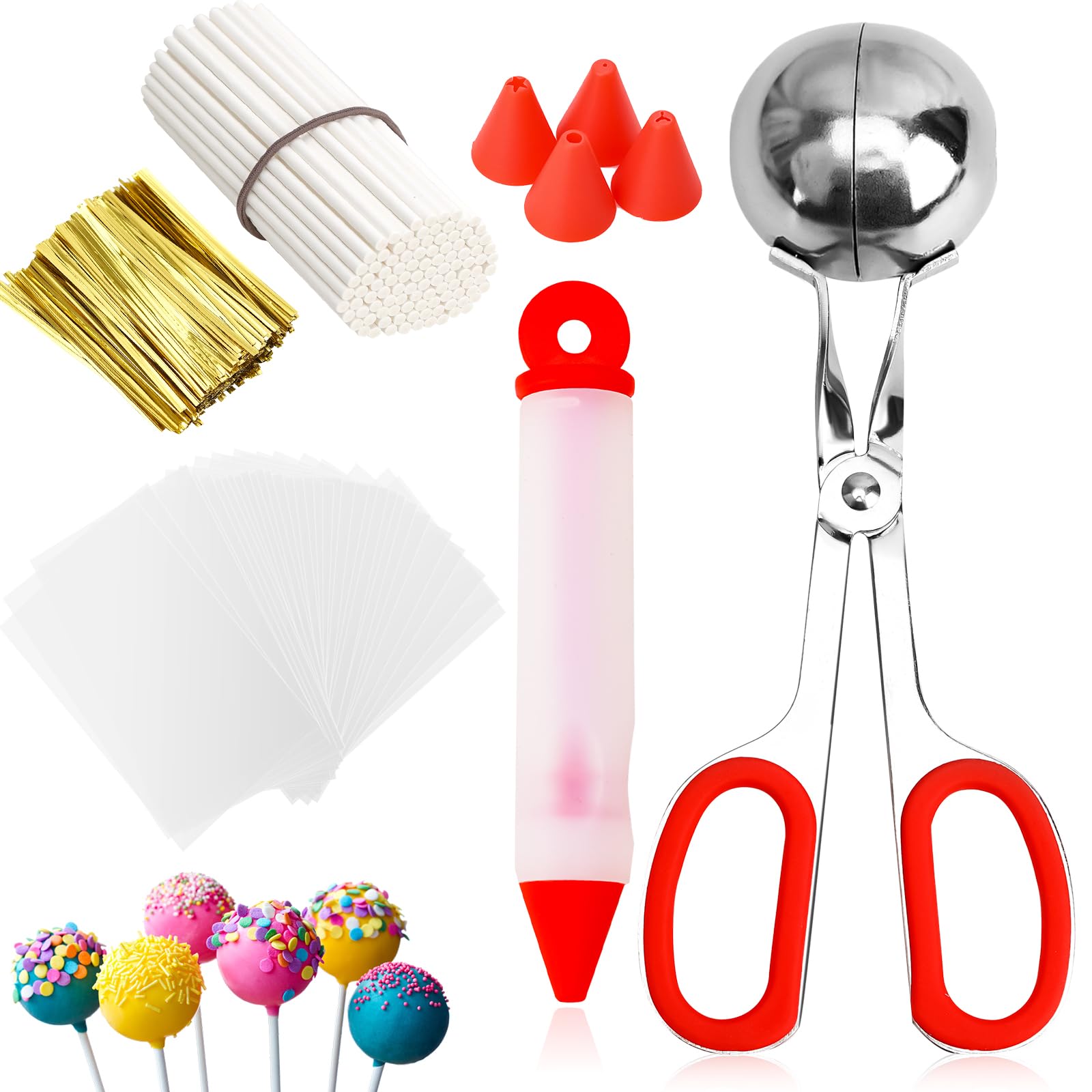 Premium Cake Pop Kit - 100 Cake Pop Sticks & Wrappers, 100 Twist Ties, Scooper & Decorating Pen - Complete DIY Baking Supplies for Lollipops, Candies, Chocolates & Cookies - Perfect for Birthday Parties, Baby Showers & Holiday Treats