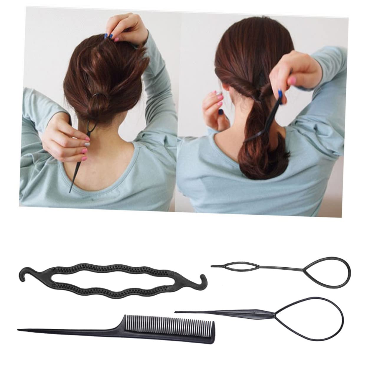 FRCOLOR Lightweight 4-in-1 Hair Clip Holder & Ponytail Maker Kit - Hair Bun Maker, Braid Hairstyle Tool, Styling Accessories for Women (Black) - Perfect for Salon, Home Use & Travel Hair Styling