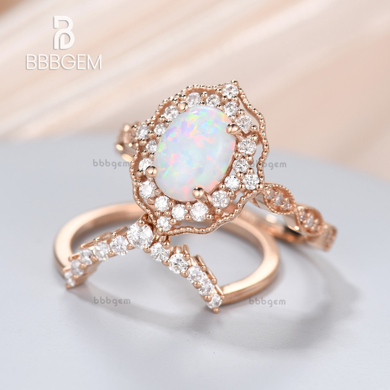 Vintage Opal Ring Set 14k Rose Gold Engagement Wedding Ring Stacking Half Eternity Diamond Matching Band for Women - Perfect for Bridal Jewelry, Anniversary Gifts & Special Occasions