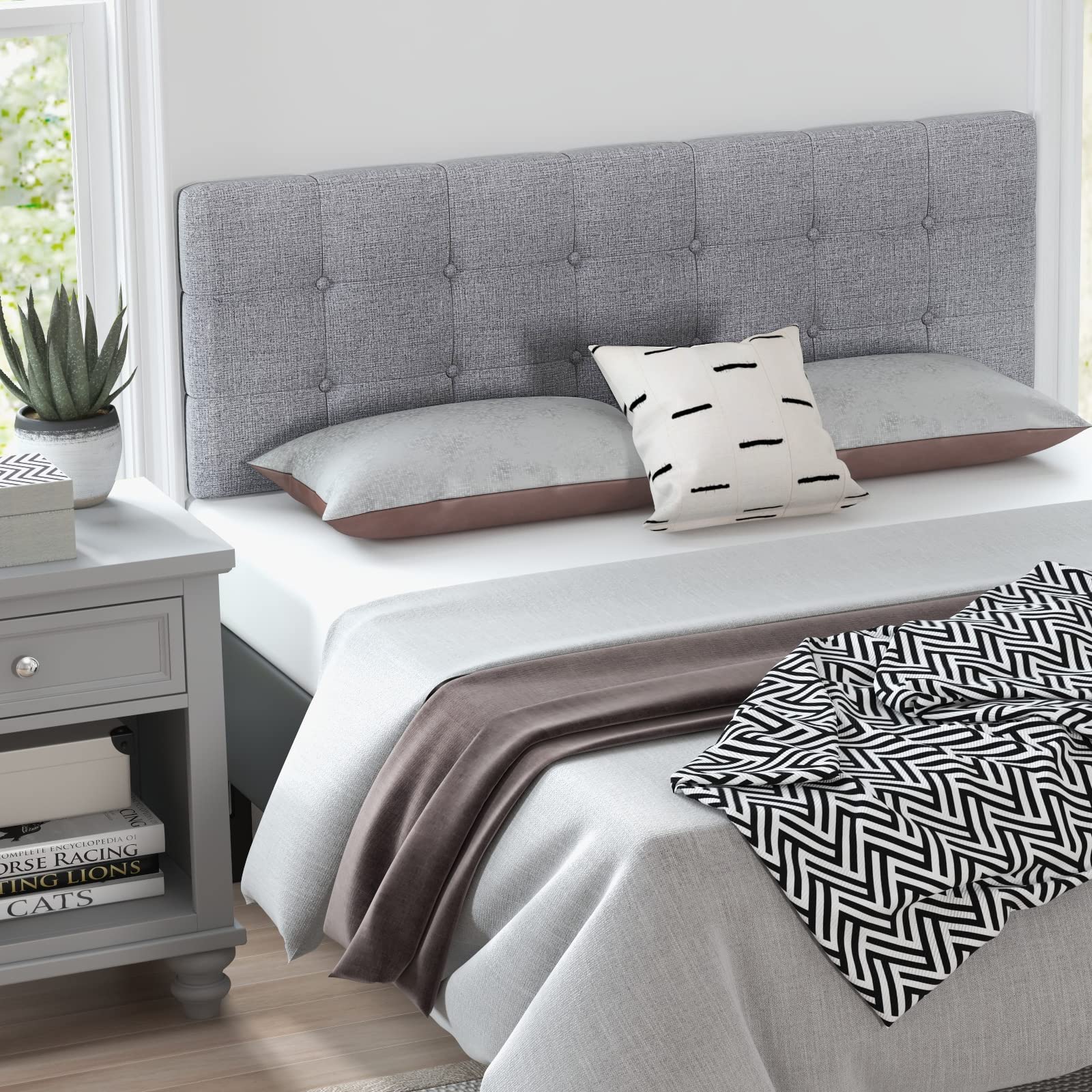 Modern Tufted Button Linen Upholstered Headboard for Full & Queen Size Bed - Adjustable Width with Solid Rubber Wood Legs - Gray - Perfect for Bedroom Decor and Guest Room Setup