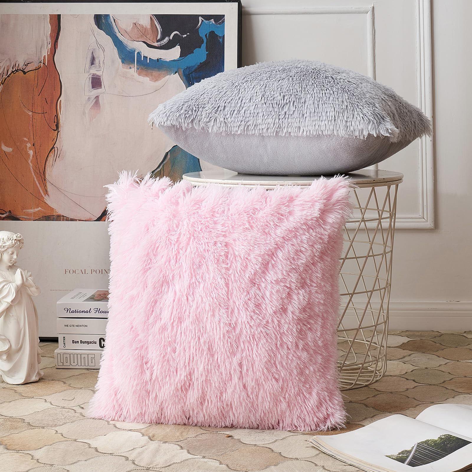 ANRODUO 2 Pack Fluffy Faux Fur Throw Pillow Covers 18x18 Inch - Soft Plush Baby Pink Decorative Cushions for Sofa, Bed & Living Room - Luxury Mongolian Merino Style Home Decor for Spring & Cozy Comfort