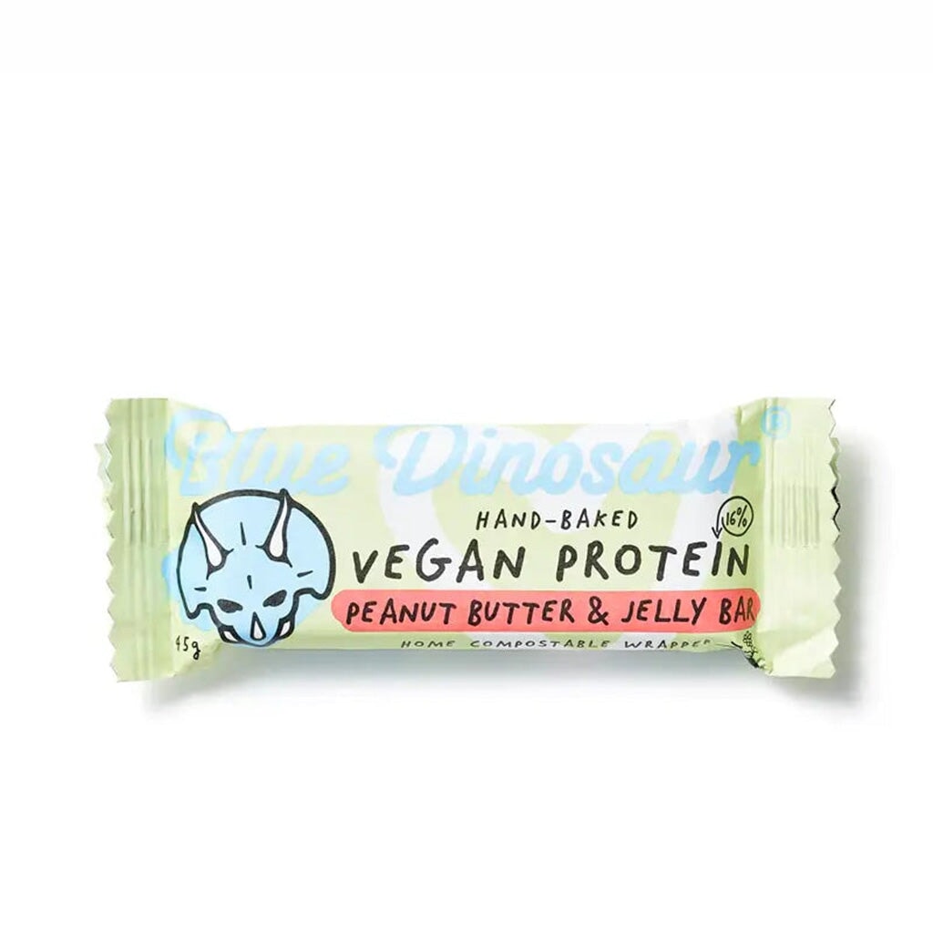 Blue Dinosaur Vegan Protein Bar - Peanut Butter & Jelly Flavor | High Protein Plant-Based Snack for Gym, Hiking & Healthy On-the-Go Lifestyle