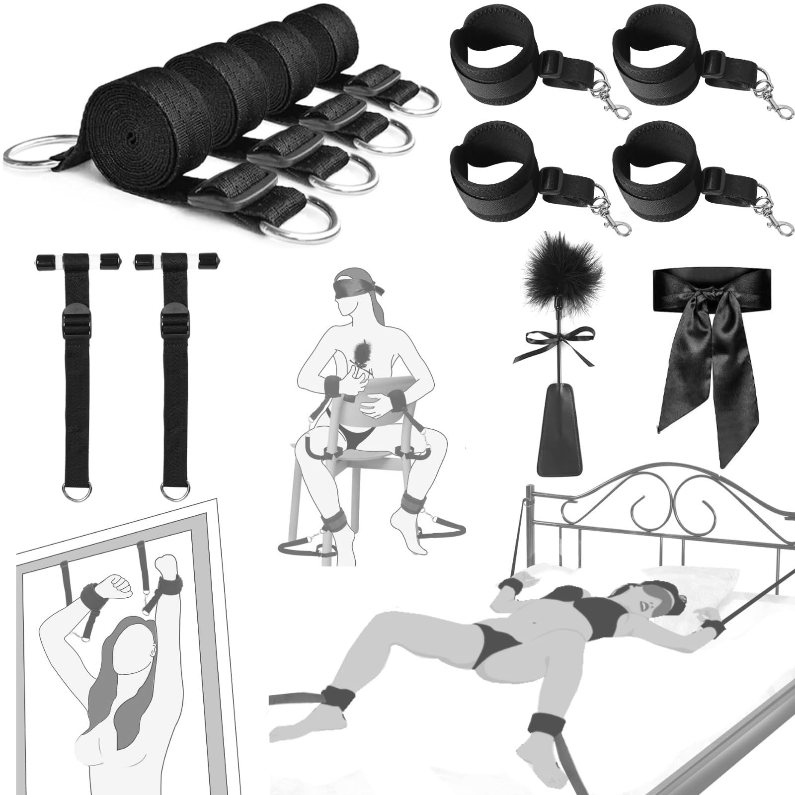 BDSM Bondage Restraints Hogtie Set - 4 Adjustable Bed Restraints & Door Hanging Swing Straps Kit with Handcuffs, Blindfold & Tickler for Couples | Adult Sex Toys for Bedroom Bondage Games & Spicing Up Intimacy