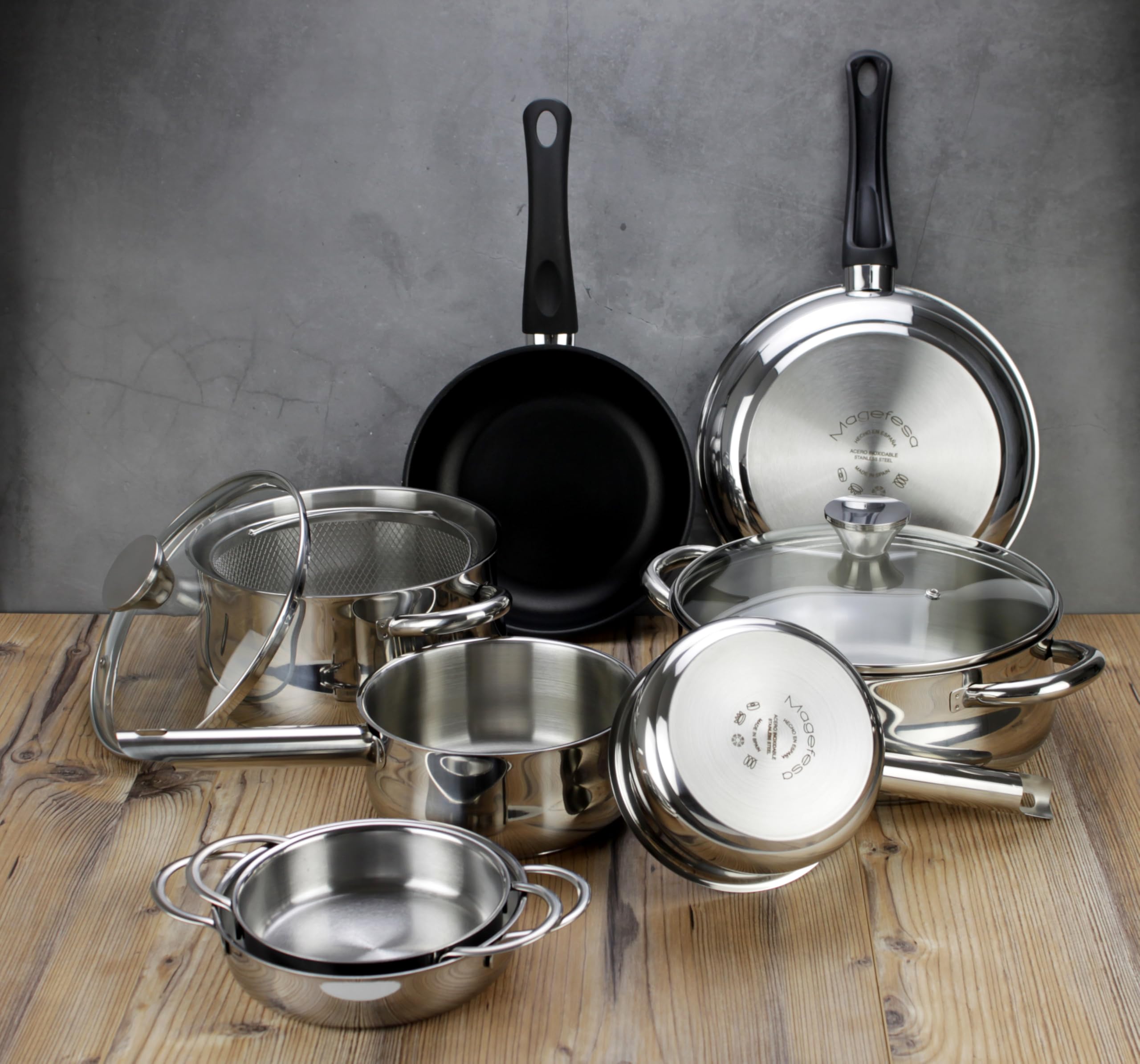 MAGEFESA IDEAL 11-Piece Stainless Steel Cookware Set - 2 Stock Pots, 2 Saucepans, 2 Mini Sauté Pans, 2 Frying Pans with Mesh Strainer - Induction Compatible & Dishwasher Safe - Perfect for Home Cooking, Professional Chefs & Restaurant Use