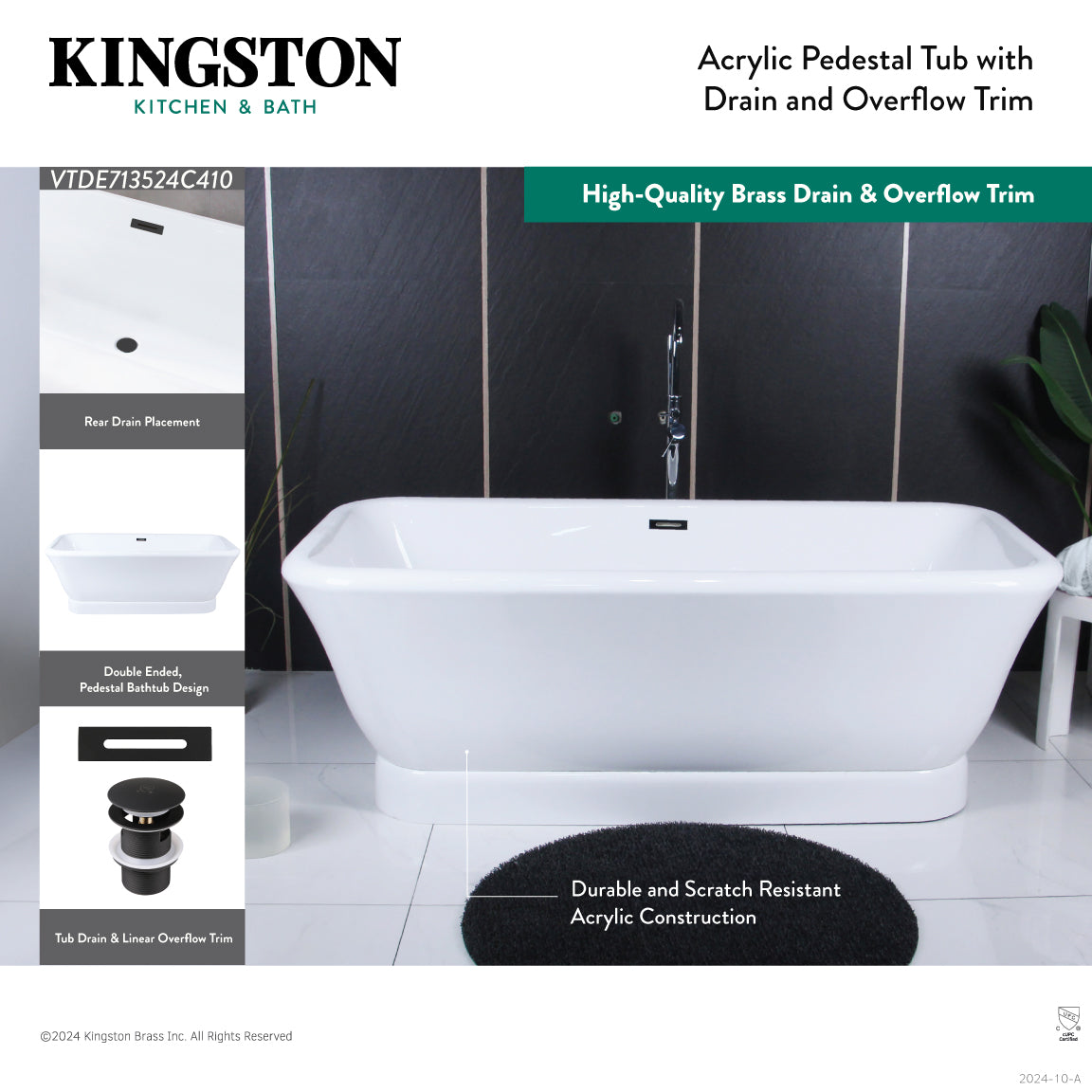 Aqua Eden 71 Inch Acrylic Oval Rectangular Double Ended Pedestal Bathtub - Glossy White/Matte Black Freestanding Soaking Tub with Drain (No Faucet Holes) | Luxury Bathroom Upgrade for Spa-Like Relaxation