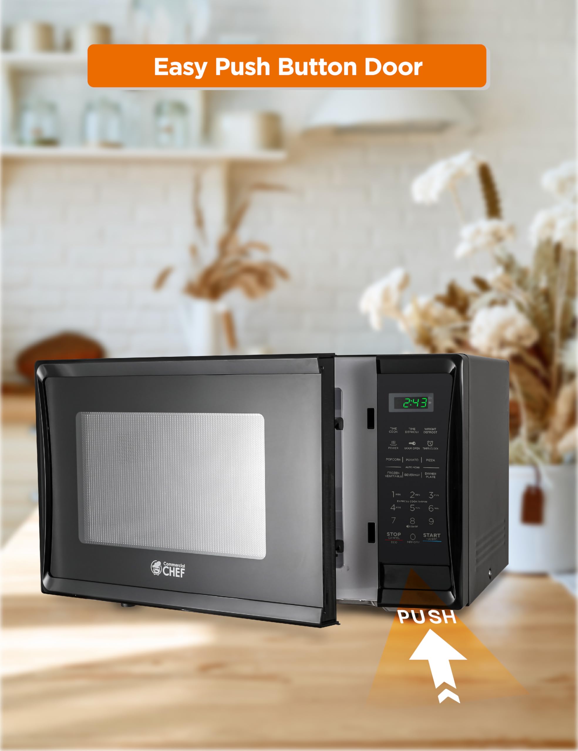 Commercial Chef 1.1 Cu Ft 1000W Countertop Microwave with 10 Power Levels, Push Button Door Lock, Turntable & Digital Controls - Perfect for Kitchens, Offices, Dorms & Small Spaces (Black)