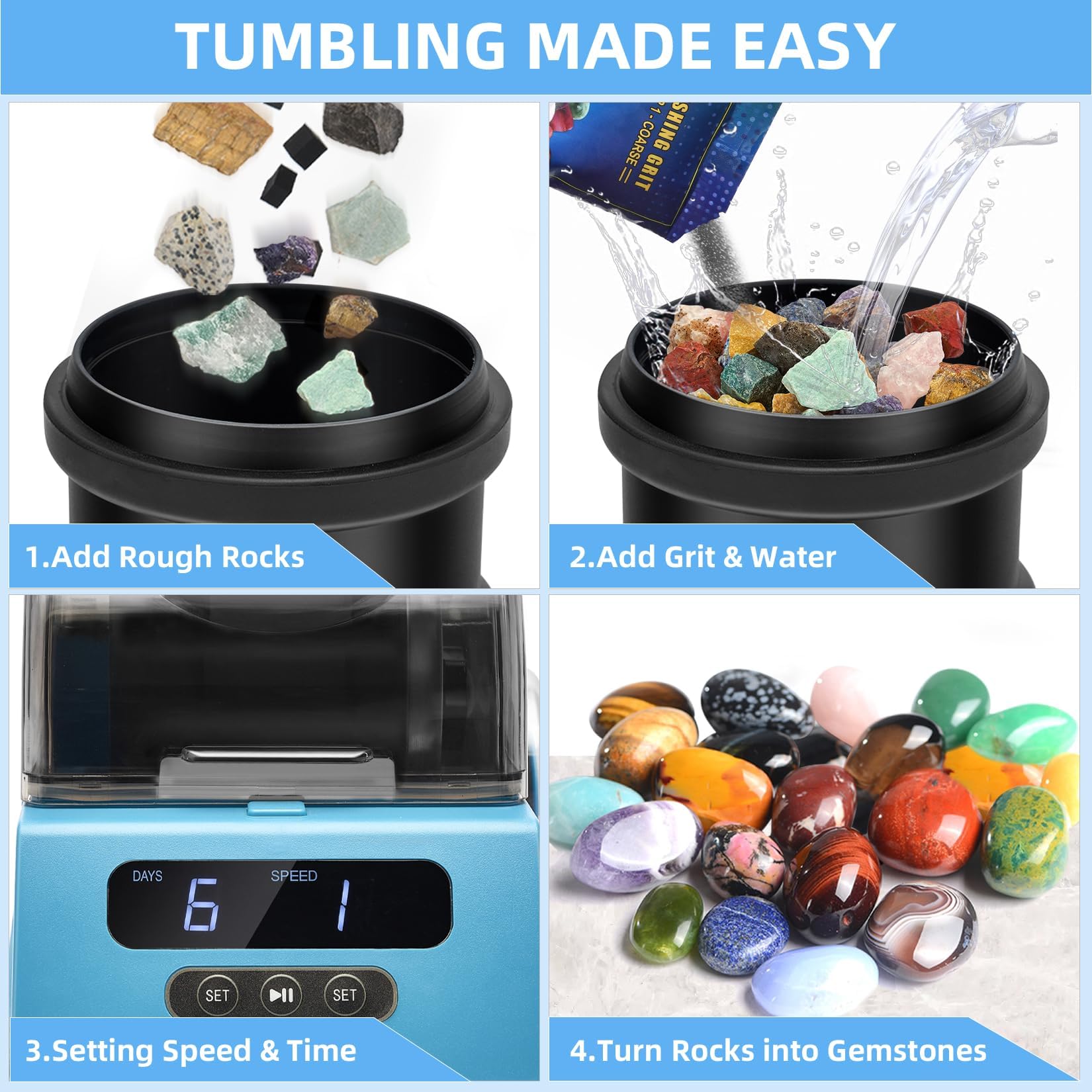 Premium Rock Tumbler Kit for Adults & Kids - Quiet Noise Reduction Cover, Adjustable Speed & Timer, 4 Polishing Grits, Rough Gemstones - Complete Rock Polishing Science Kit for Geology Enthusiasts (Blue) - Perfect for Home Science Projects, Classroom Learning & DIY Jewelry Making
