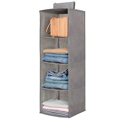 Space-Saving Hanging Closet Organizer with Hooks - 4-Tier Foldable Storage Shelves for Sweaters, Socks, Pants & Shoes (Grey) | Perfect for Small Closets, Dorm Rooms & RV Storage