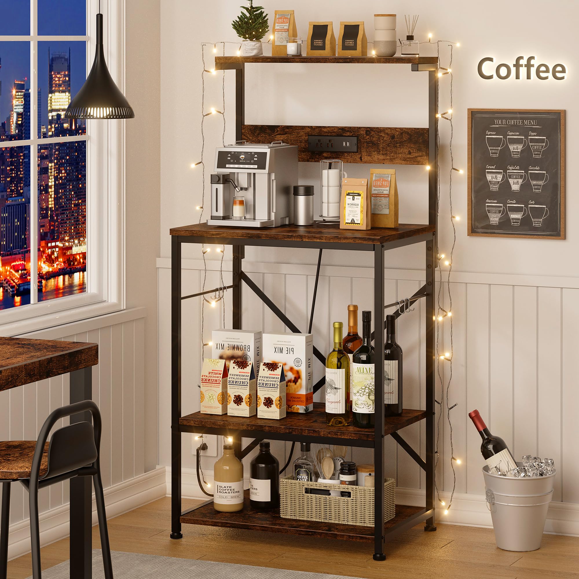 JAMFLY 4-Tier Kitchen Bakers Rack with Power Outlet & 6 S-Hooks - Microwave Stand, Coffee Bar Organizer, Rustic Brown - Perfect for Small Kitchens, Apartments & Coffee Stations