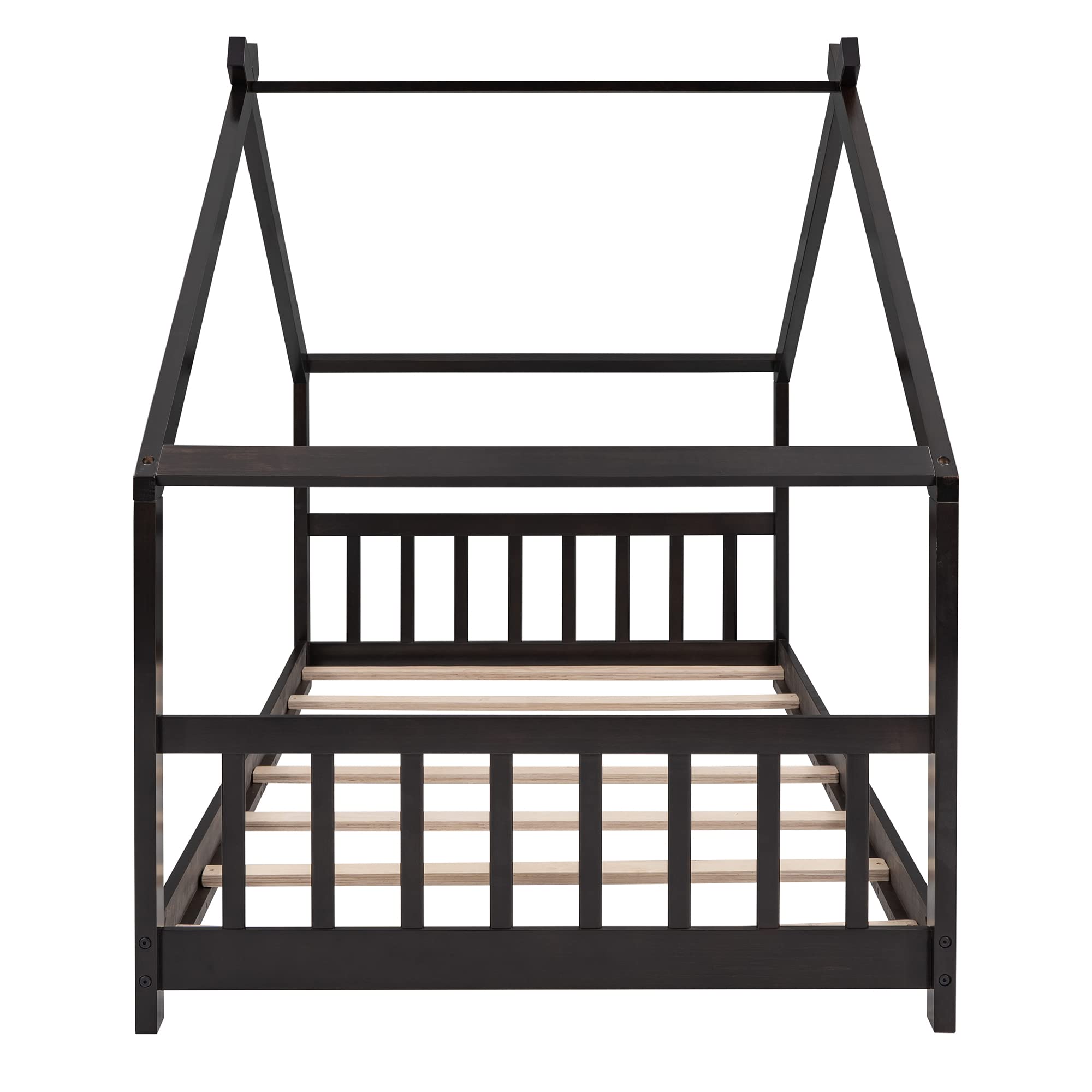 Twin Size Wooden House Bed for Kids - Sturdy Floor Bed Frame with Headboard & Footrest, Slatted Support - No Box Spring Needed - Perfect for Boys & Girls Bedrooms (Espresso Finish) - Ideal for Montessori Style Rooms, Play Areas & Cozy Sleep Spaces