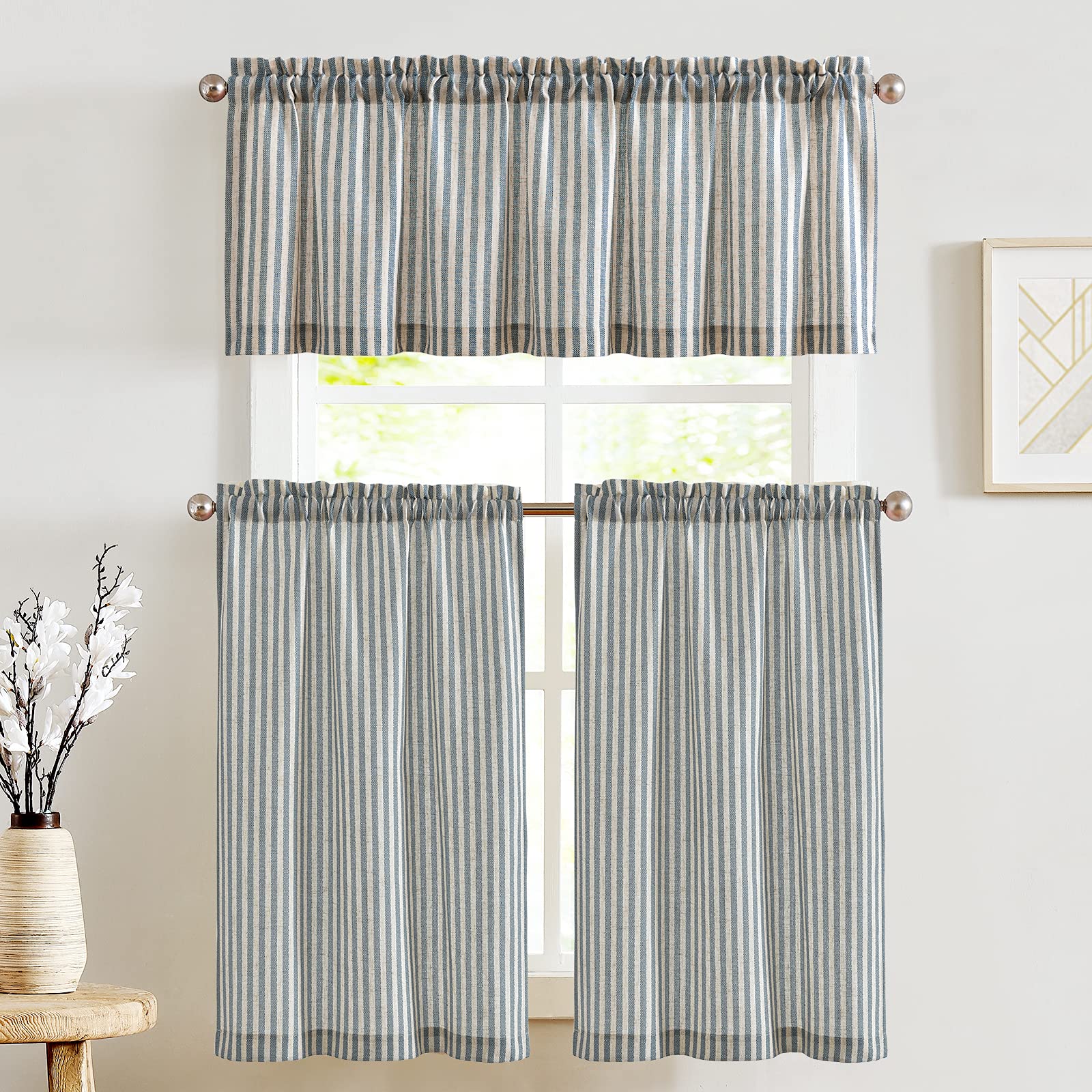 Jinchan Striped Kitchen Curtains and Valance Set - 36 Inch Tier Curtains, Ticking Stripe Linen Small Drapes, Pinstripe Window Treatments for Cafe, Living Room, Bathroom & Farmhouse - 3 Piece Set with Rod Pocket in Blue - Perfect for Rustic Decor, Privacy & Sun Protection