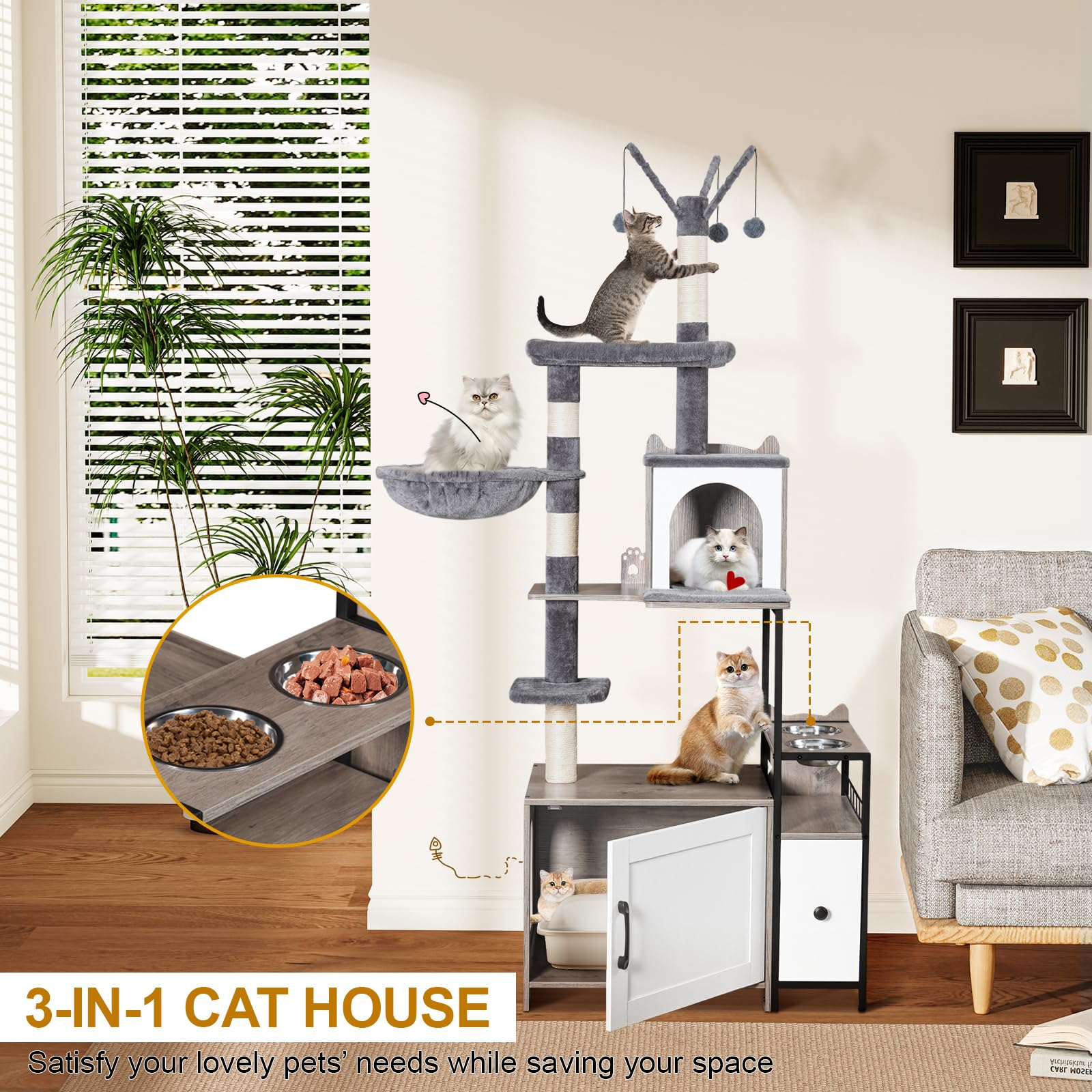 Snughome 3-in-1 Modern Cat Tree with Hidden Litter Box Enclosure - 67.32’’ Tall Cat Tower Furniture for Indoor Cats Featuring Condo, Food Station & Hammocks - All-in-One Grey Cat Furniture for Small Spaces & Apartments - Perfect for Play, Rest & Feeding Areas