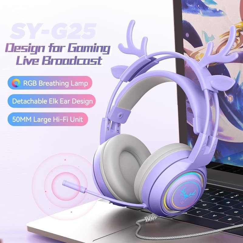 Best Wireless Gaming Headset for PS5, PS4, PC, Xbox One - Noise Cancelling Over-Ear Headphones with Mic, LED Lights, Deep Bass & Surround Sound - Comfortable Memory Foam Earmuffs for PC, Mac, Nintendo Switch (Purple Antlers) - Perfect for Competitive Gaming, Streaming & Late-Night Sessions