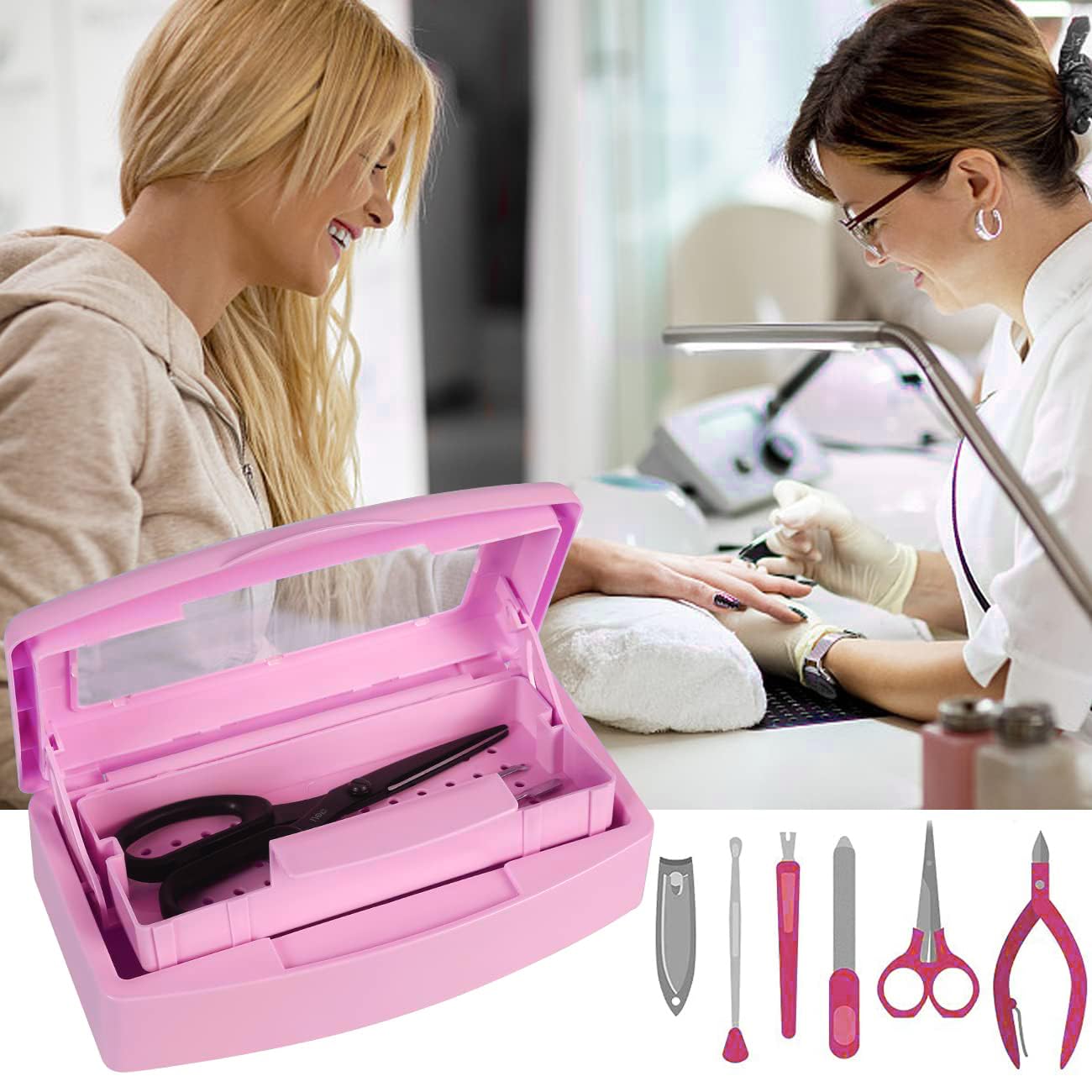 Gusnilo Nail Tool Sterilizer Box - Barbicide Disinfectant Jar for Nail Salon, Beauty Center & Manicure Equipment - Plastic UV Sanitizer Container (Pink) - Perfect for Sanitizing Nail Files, Clippers & Beauty Tools
