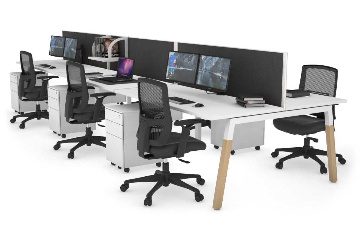 Quadro A Legs 6-Person Office Workstation with Wood Legs & Cross Beam [1200L x 700W] - Perfect for Collaborative Workspaces & Modern Office Desks