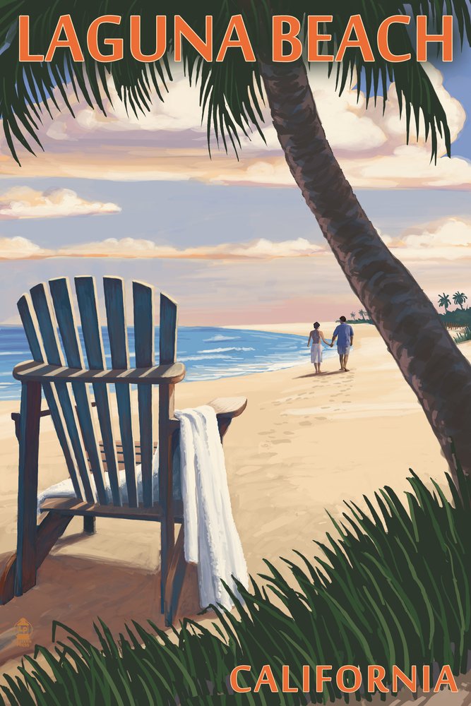 Laguna Beach California Adirondack Chairs Sunset Wall Art Poster - 12x18 Inch Coastal Decor for Living Room, Bedroom & Office