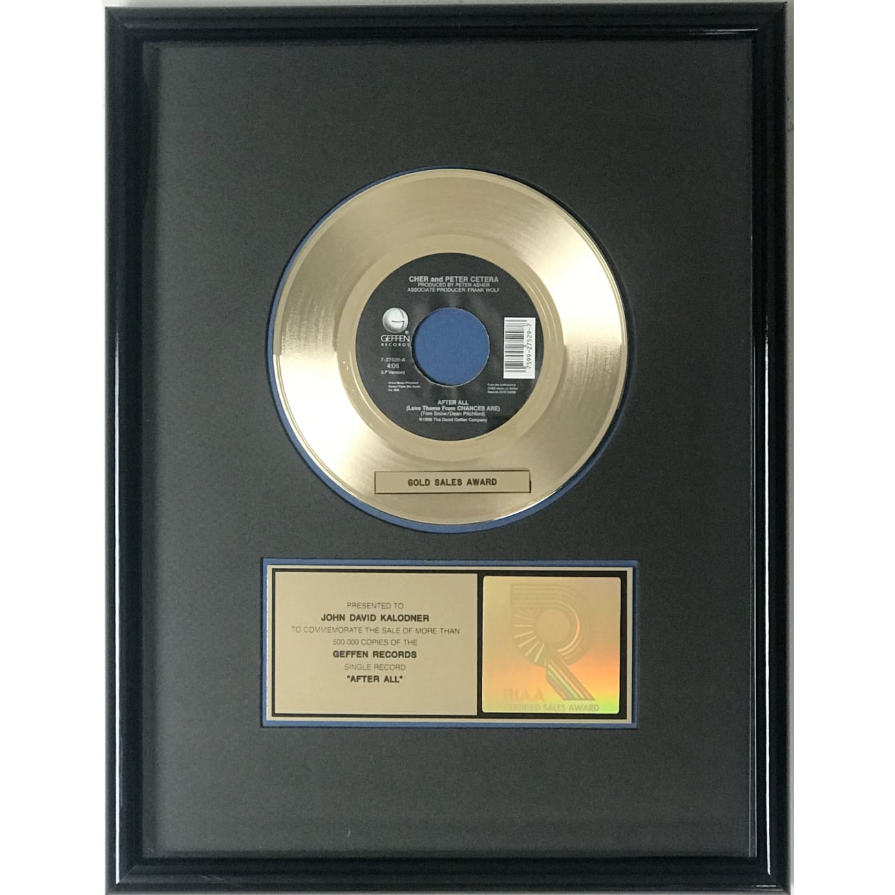 Cher & Peter Cetera 'After All' RIAA Gold Certified Single Award - Perfect for Music Collectors & 80s Nostalgia Fans