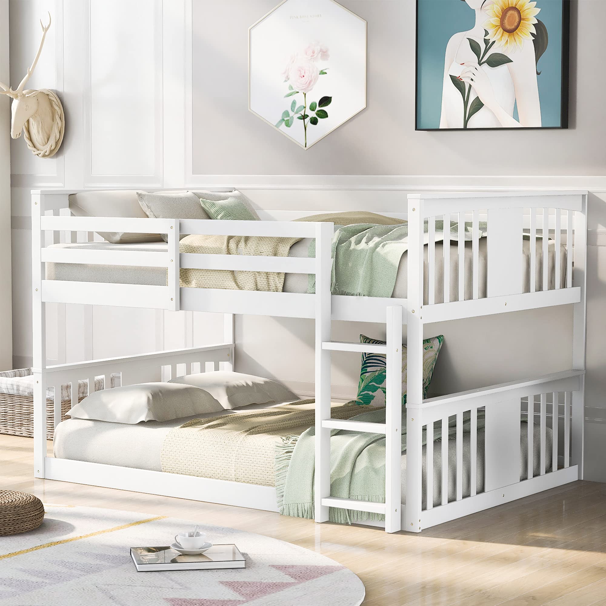 Full Over Full Low Bunk Bed for Toddlers & Kids - Sturdy Wooden Bunk Bed for Boys & Girls - White Kids' Bunk Bed - Perfect for Small Bedrooms, Shared Kids' Rooms & Sleepovers