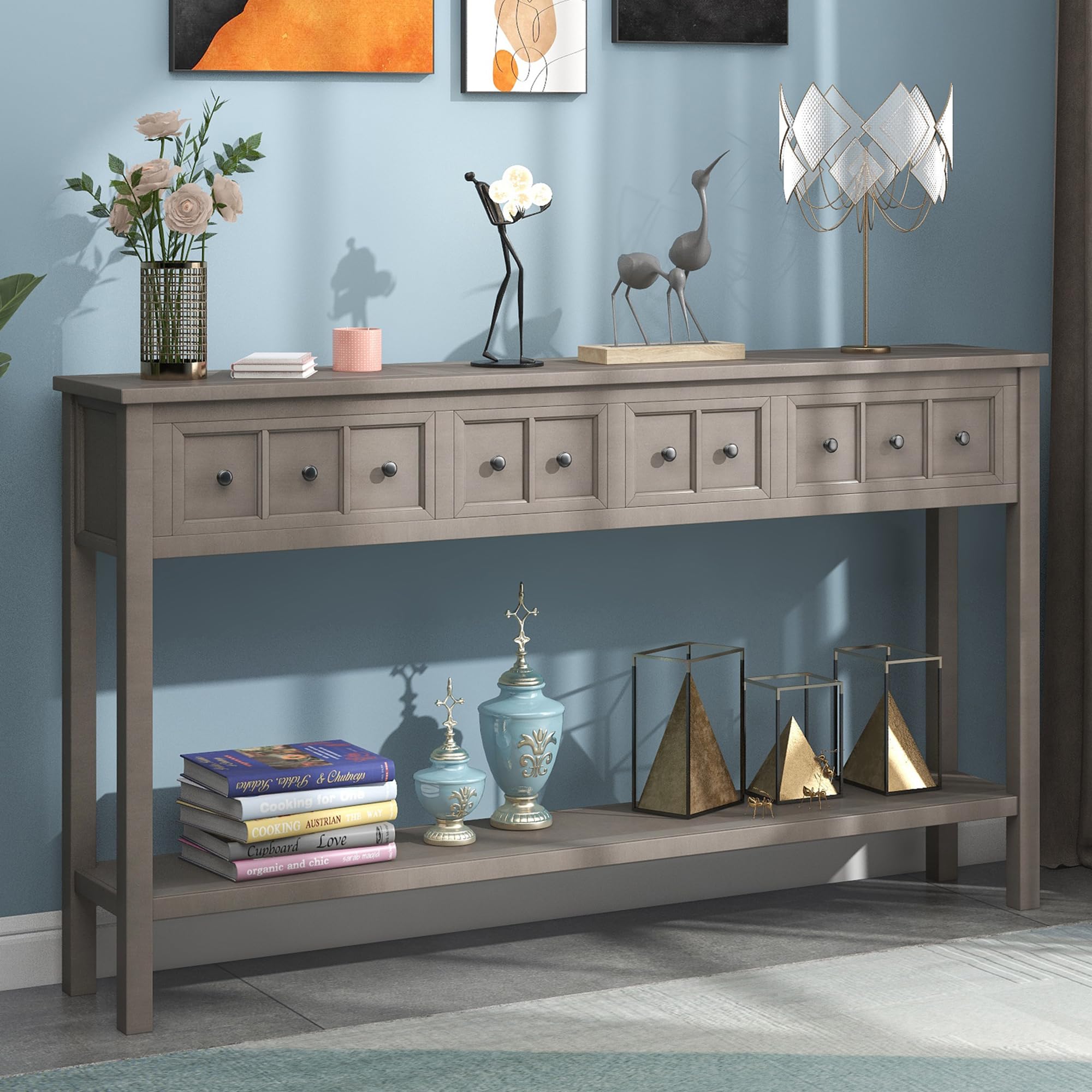 Rustic Entryway Console Table 60 Inch - Narrow Long Sofa Table with 2 Drawers & 1 Shelf, 2-Tier Wooden Hall Table for Living Room, Bedroom, Hallway - Gray Wash Finish | Perfect for Small Spaces & Home Decor