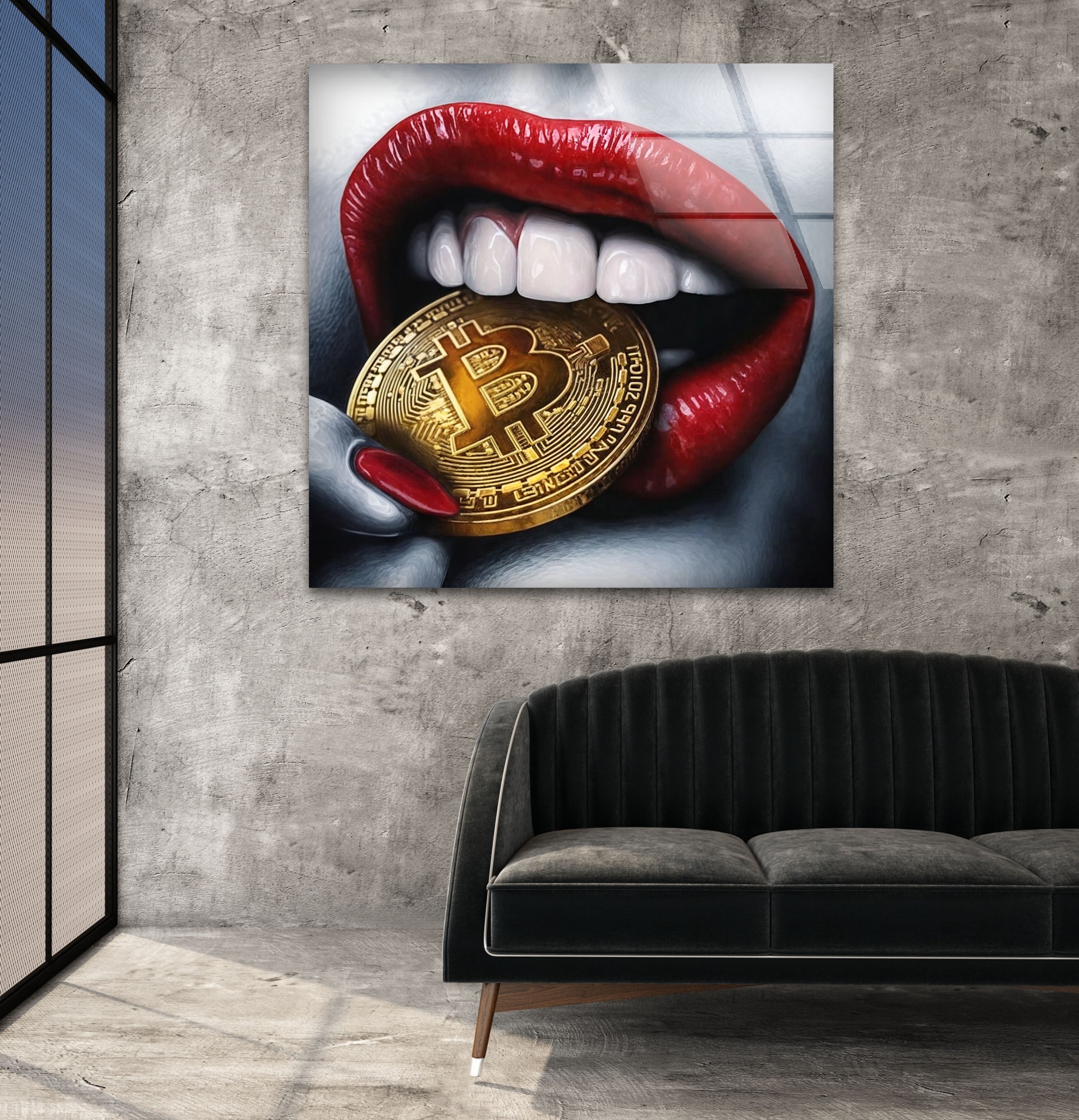 Bitcoin & Red Lips Glass Wall Art - Modern Crypto Themed Home Decor for Living Room, Bedroom or Office - Unique Gift Idea for Bitcoin Enthusiasts