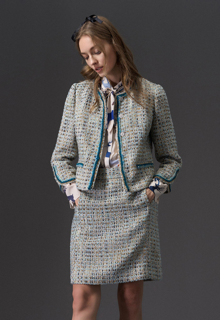 Stylish Earth Tone Tweed Skirt with Blue & Gold Detailing - Perfect for Office Wear, Cocktail Parties & Fall Fashion