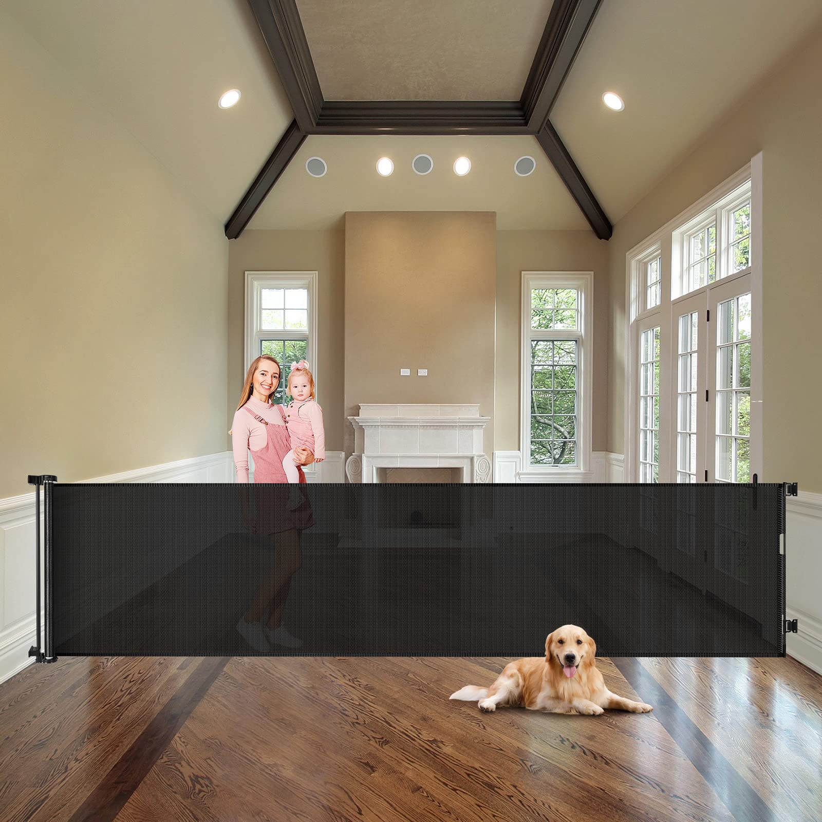 WOMHOM 100 Inch Extra Wide Retractable Gate for Large Openings & Stairs - Black Mesh Safety Barrier for Pets & Babies - Perfect for Wide Doorways, Hallways, and Staircases