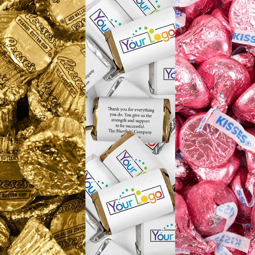 190 Pcs Bulk Custom Candy with Business Logo - Personalized Mini Kisses & Peanut Butter Cups for Candy Buffet, Party Favors, Wedding & Corporate Events (Gold & Pink)
