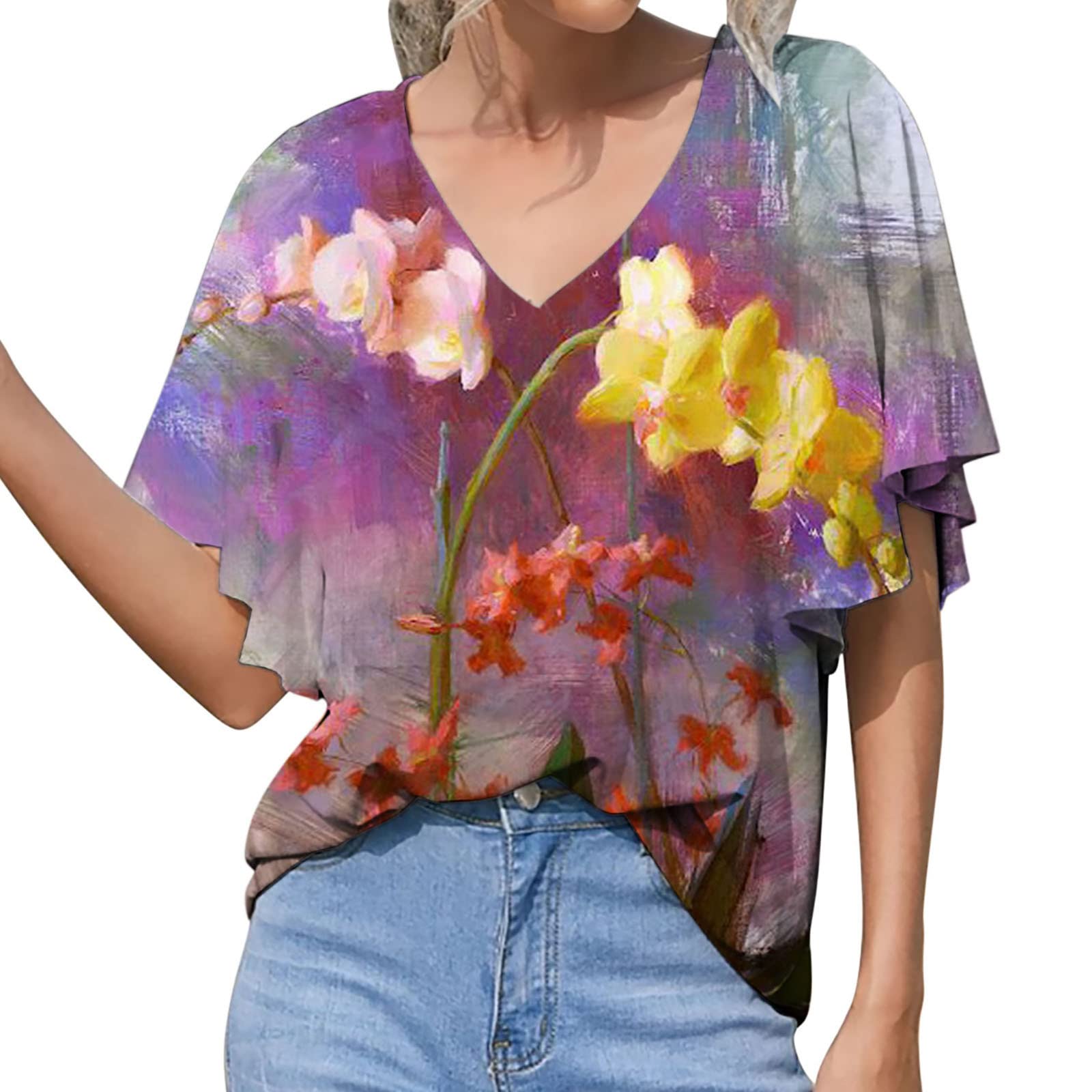 Women's Casual Summer T-Shirt - Floral Print V-Neck Loose Fit Short Sleeve Blouse for Women | Perfect for Beach Outings, Weekend Brunch & Office Casual Wear