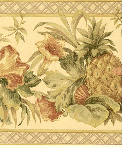 Tropical Flowers, Fruit, and Pineapple Wallpaper Border 7411-203 - Perfect for Beach House, Bathroom, and Kitchen Decor