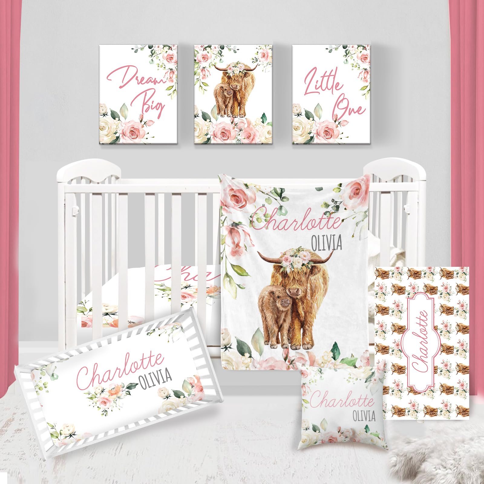 Custom Pink Crib Bedding Set for Baby Girls - Personalized Highland Cow Nursery Decor with Name Blanket, Crib Sheet, Pillow & Changing Pad Cover | Perfect for Newborn Gifts, Nursery Room Decor & Baby Shower Presents