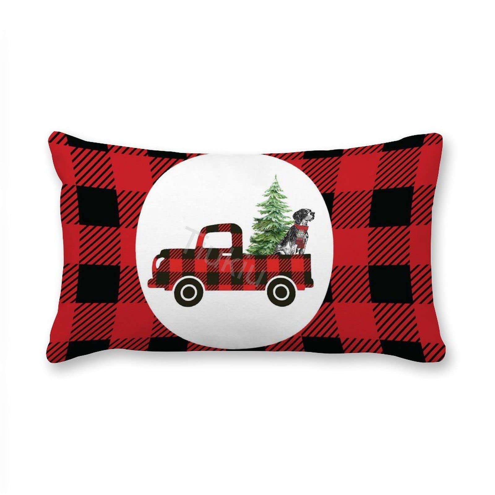 2 Pack Red Plaid Truck Design Canvas Lumbar Pillow Covers 14x24 Inches - Decorative Throw Pillow Cases for Couch, Sofa, Bed & Living Room Accent - Perfect for Farmhouse, Rustic & Country Home Decor