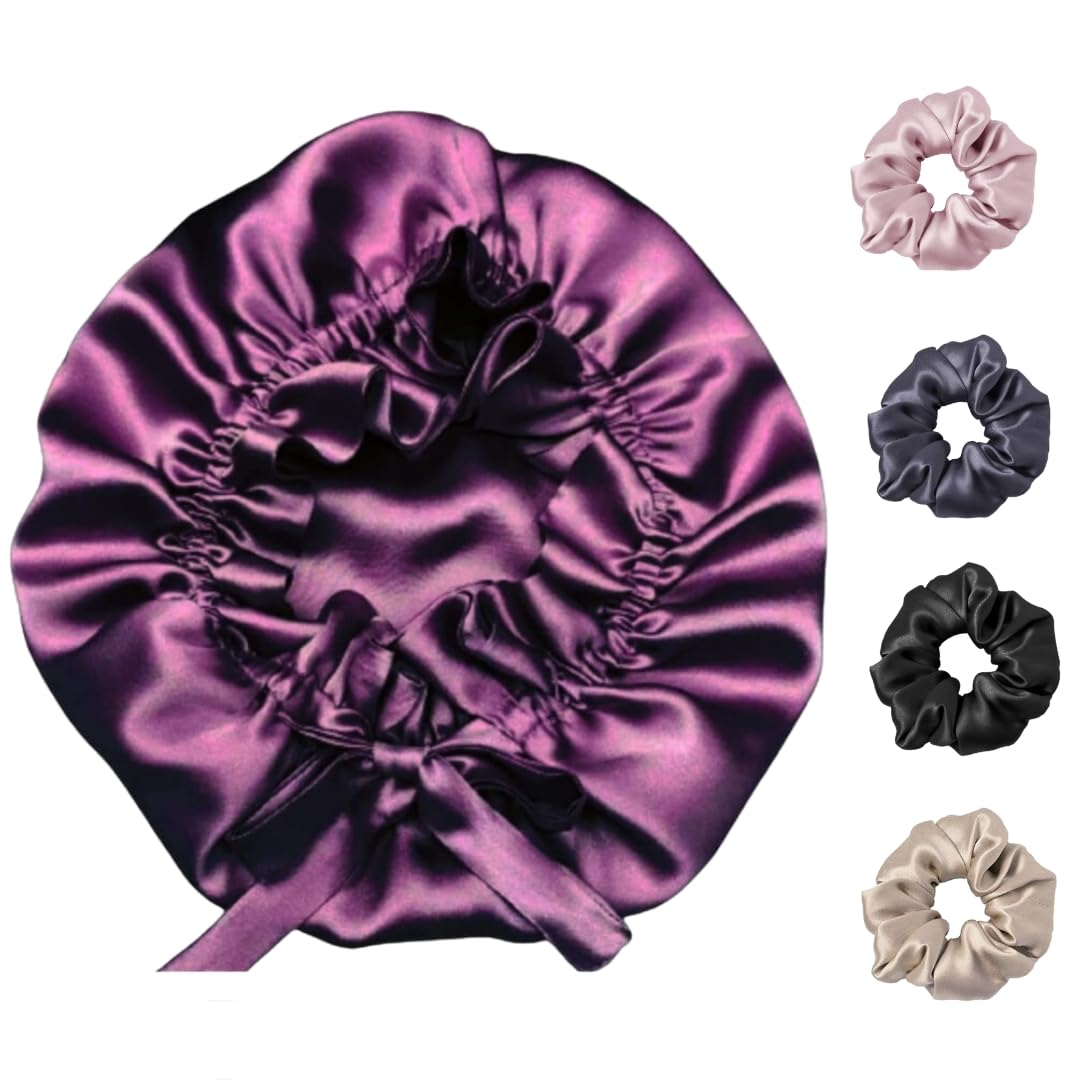 Attune Satin Silk Bonnet for Hair with 4 Premium Scrunchies - Adjustable Silk Sleep Cap for Curly & Natural Hair - Mulberry Drawstring Satin Hair Bonnet - Perfect for Nighttime Hair Protection & Travel