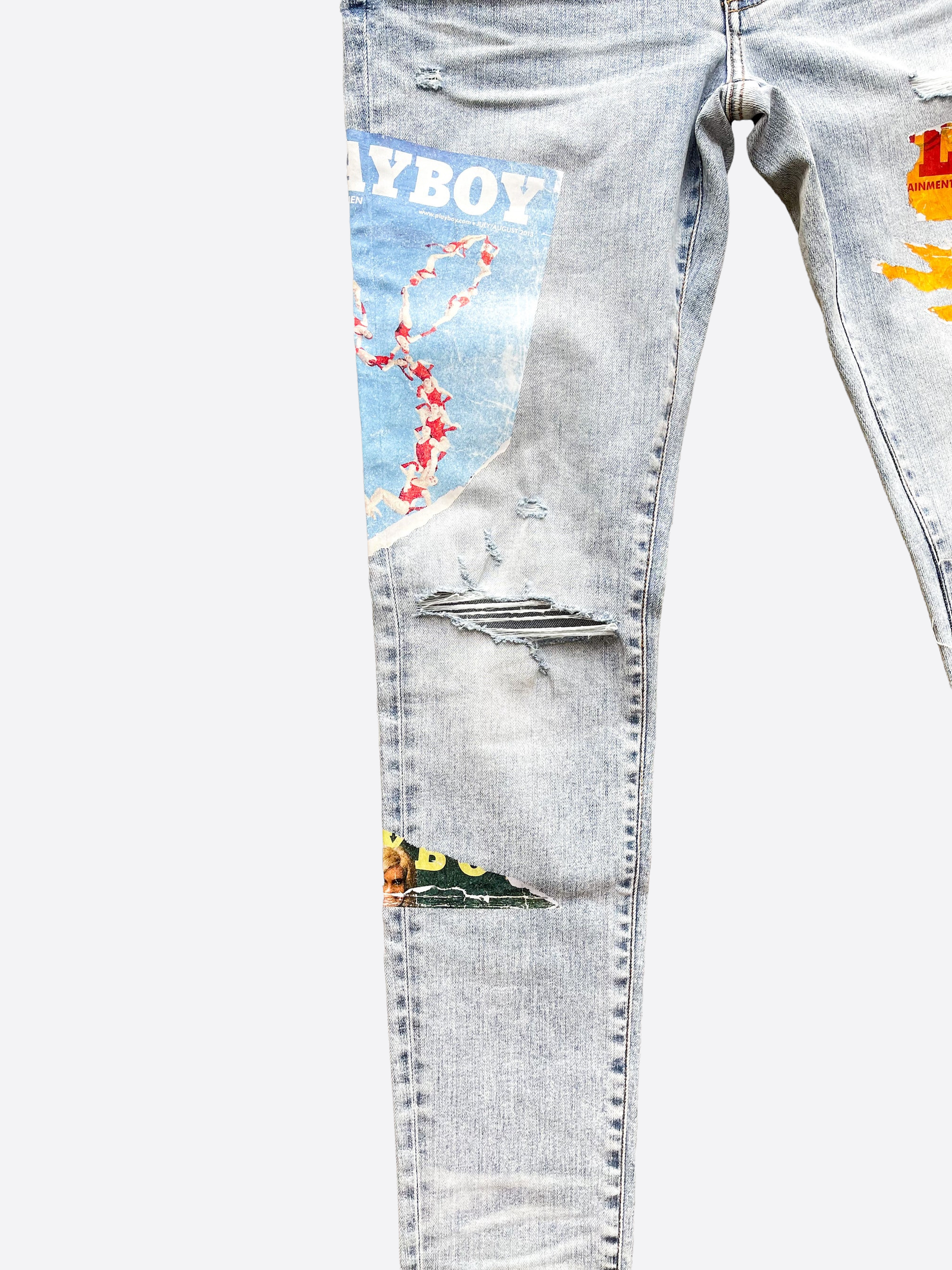 Amiri Playboy Blue Distressed Jeans for Men - Vintage Washed Denim Pants with Rabbit Logo | Perfect for Streetwear & Casual Outfits