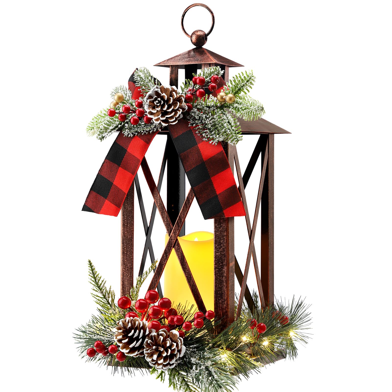 Vintage Metal Christmas Lantern with LED Lights & Ribbon - Bronze Hanging Holiday Decor for Indoor, Outdoor, Porch, Patio & Party | Perfect for Christmas Tree, Mantel, Table Centerpiece & Gift Giving
