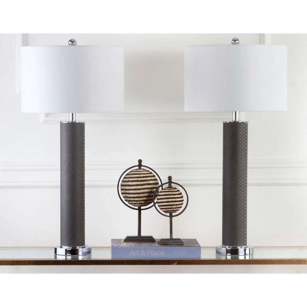 SAFAVIEH Ollie Modern Contemporary Grey Faux Snakeskin 32-Inch Table Lamp Set of 2 with LED Bulbs - Perfect for Bedroom, Living Room, Home Office & Nightstand Lighting