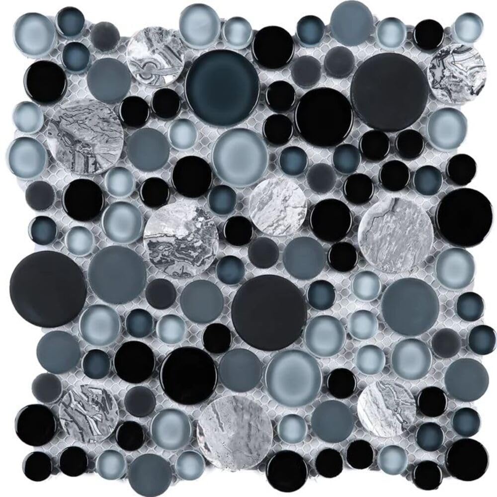 Midnight Bardiglio Grey and Black Bubble Round Marble Glass Mosaic Tile - 10 Sheets for Kitchen Backsplash, Bathroom Shower, Accent Wall - Waterproof Peel-and-Stick Wall Decor for Modern Home & Commercial Spaces