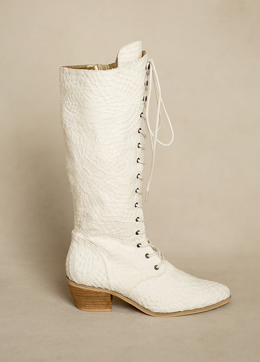 Delilah Women's Knee High Lace Up Tall Boots in Ivory - Elegant Fashion Boots for Fall, Winter & Date Nights