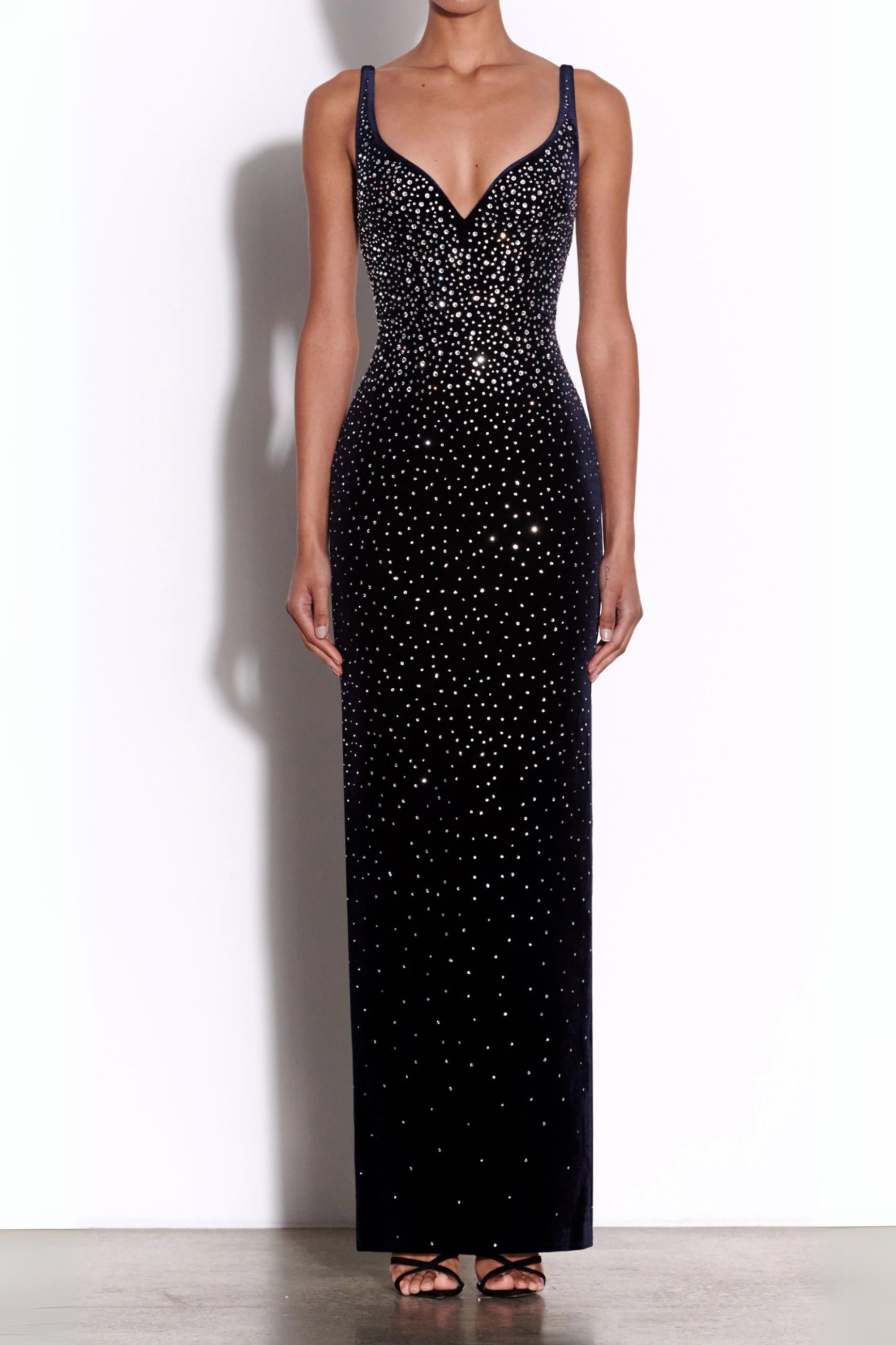 Midnight Black Crystal Velvet Singlet Maxi Dress - Elegant Evening Gown for Parties, Weddings & Special Occasions