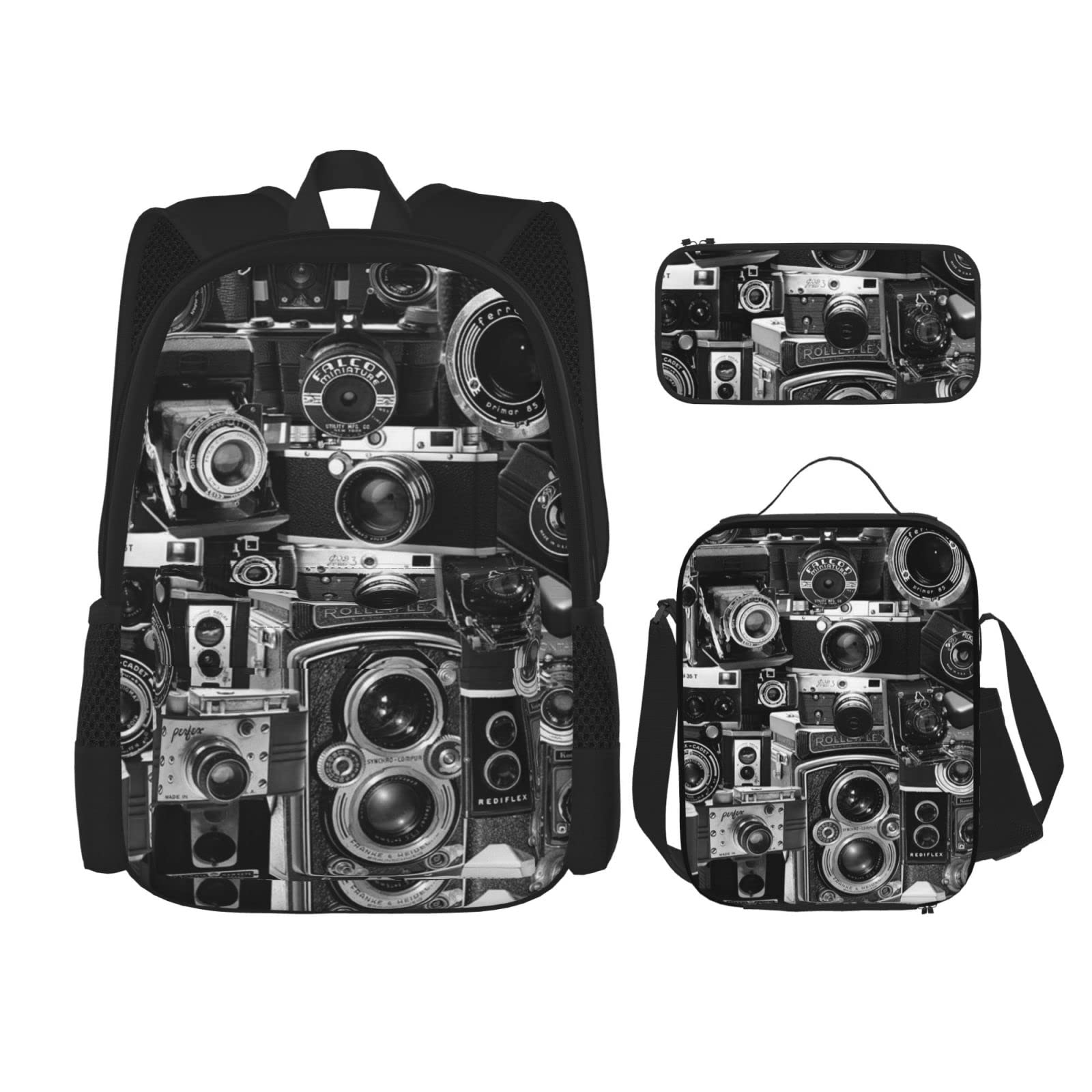 Cool Camera Print Backpack for Boys & Girls - Durable School Bookbag Set with Lunch Box & Pencil Case - Perfect for School, Travel & Daily Use