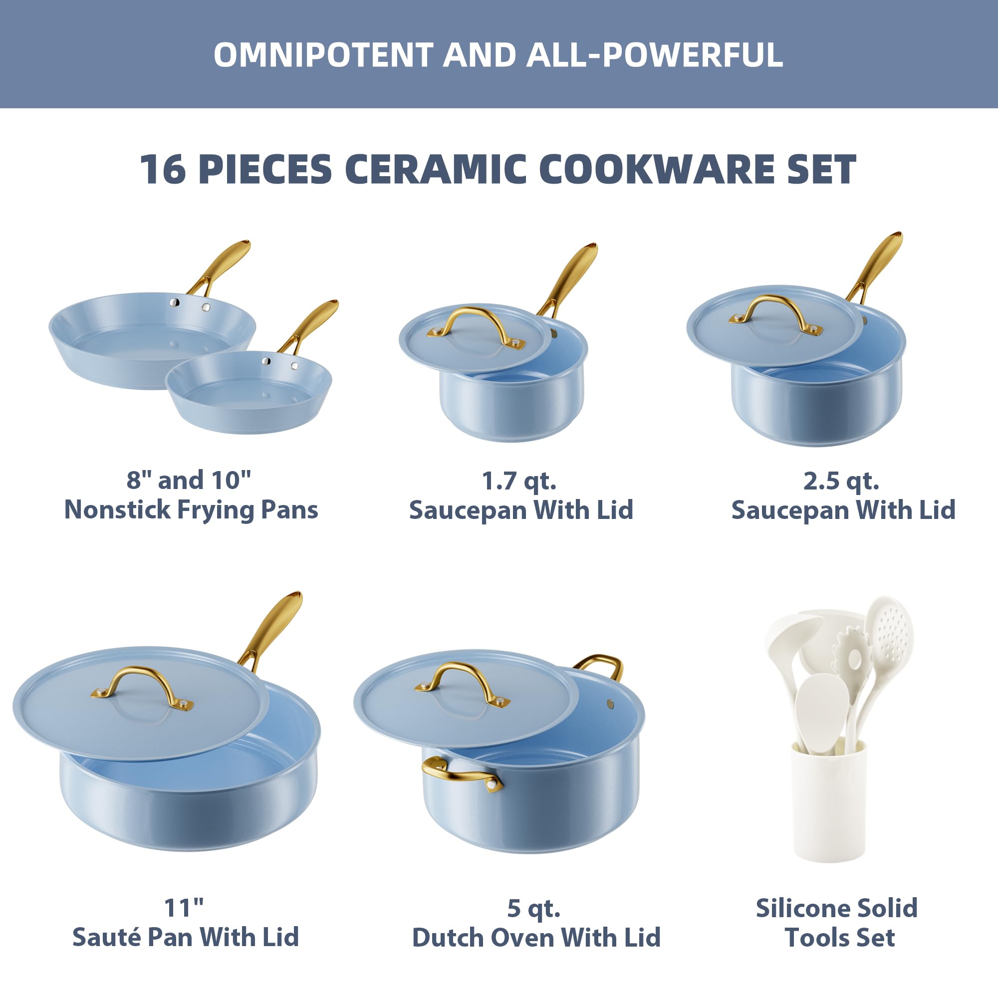 VONIKI 10-Piece Non-Toxic Ceramic Cookware Set with Utensils - PFAS-Free, Induction Compatible, Oven & Dishwasher Safe Blue Pots and Pans for Healthy Cooking | Perfect for Sauteing, Boiling & Family Meals