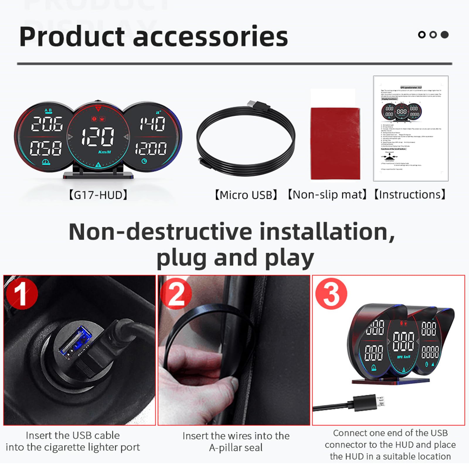Universal Car HUD Head Up Display - Digital GPS Speedometer with 3 LCD Displays (MPH/KM/H), Compass, Time & Speeding Alerts | Driving Fatigue Warning for All Vehicles | Perfect for Road Trips & Night Driving